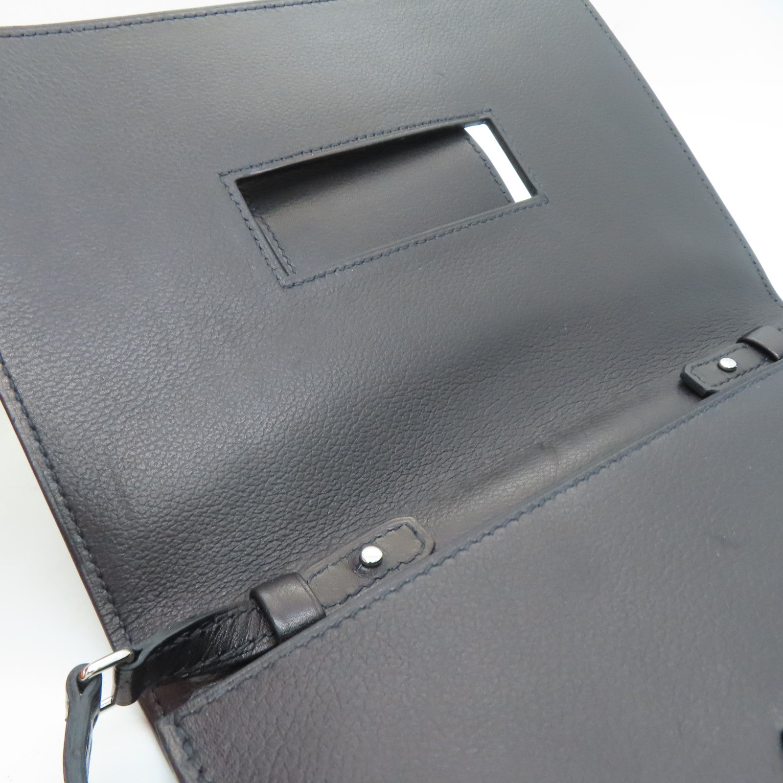 HERMES Evergrain/Evercolor皮革Pochette H Passant銀扣肩背袋藍色/黑色
