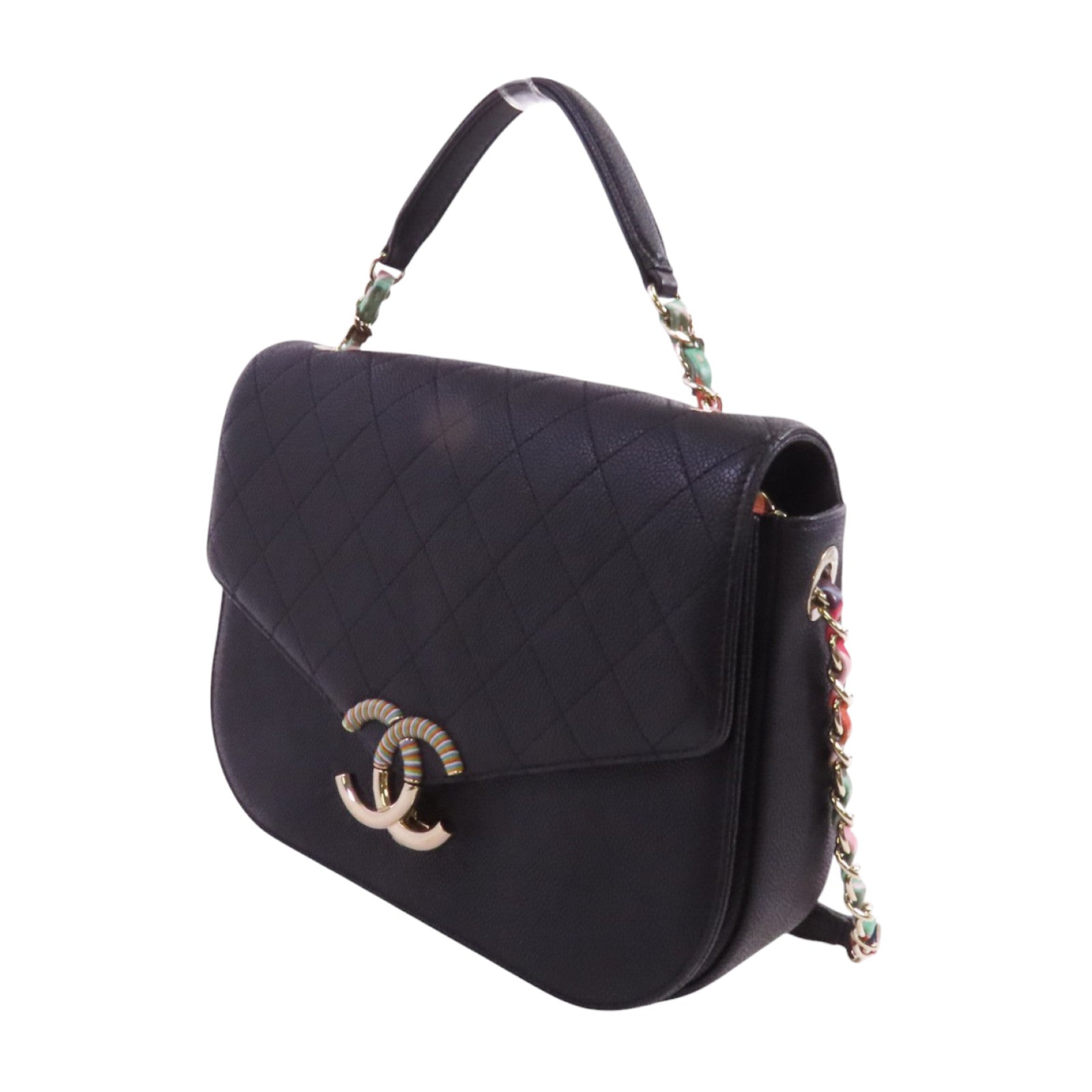 CHANEL 牛皮皮革Chain Shoulder金扣鏈帶手挽肩背兩用袋