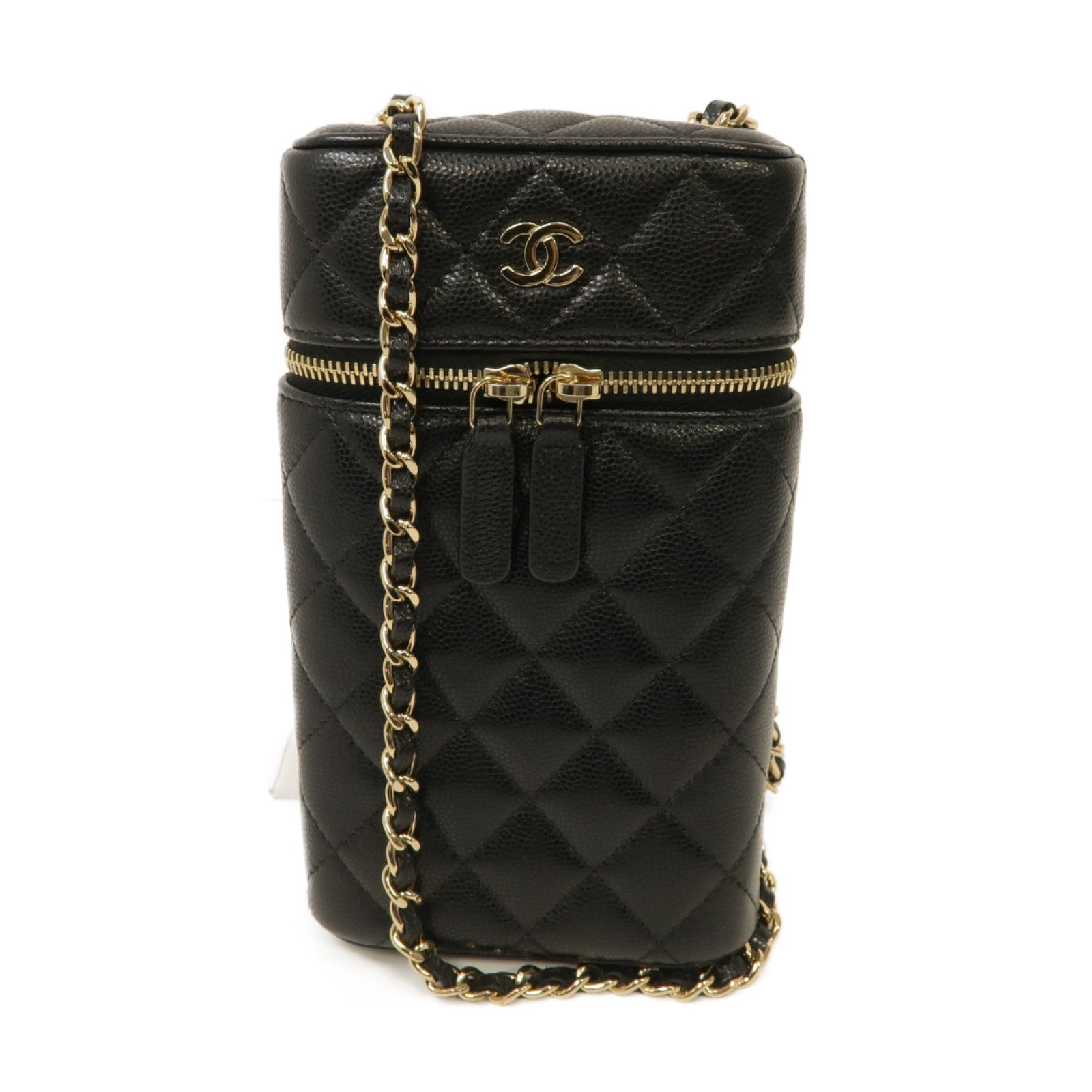 CHANEL 菱格Caviar皮革Vanity Phone Holder With Chain Bag金扣鏈帶肩背袋黑色