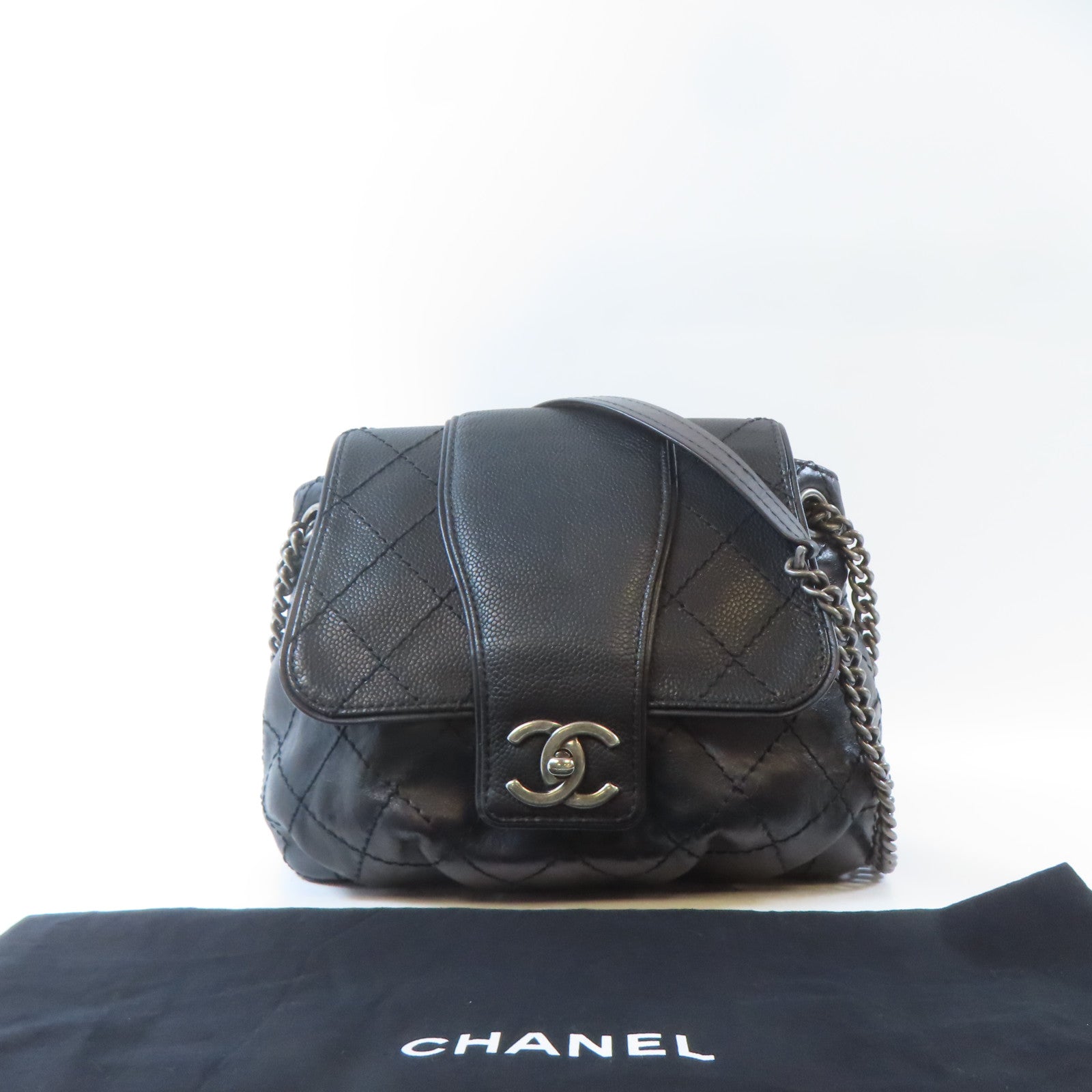 CHANEL 菱格牛皮皮革Chain Shoulder Bag鏈帶肩背袋黑色