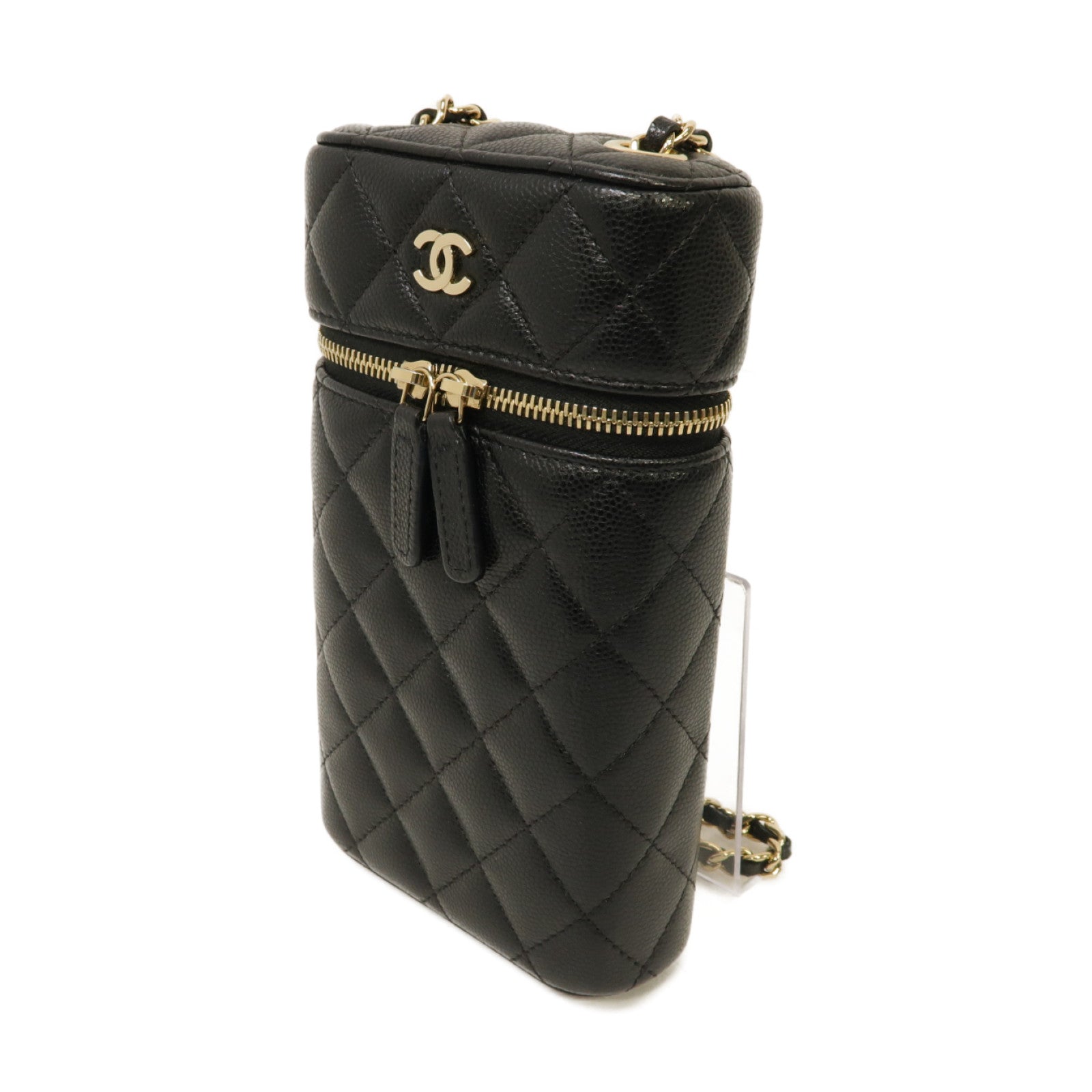CHANEL 菱格Caviar皮革Vanity Phone Holder With Chain Bag金扣鏈帶肩背袋黑色