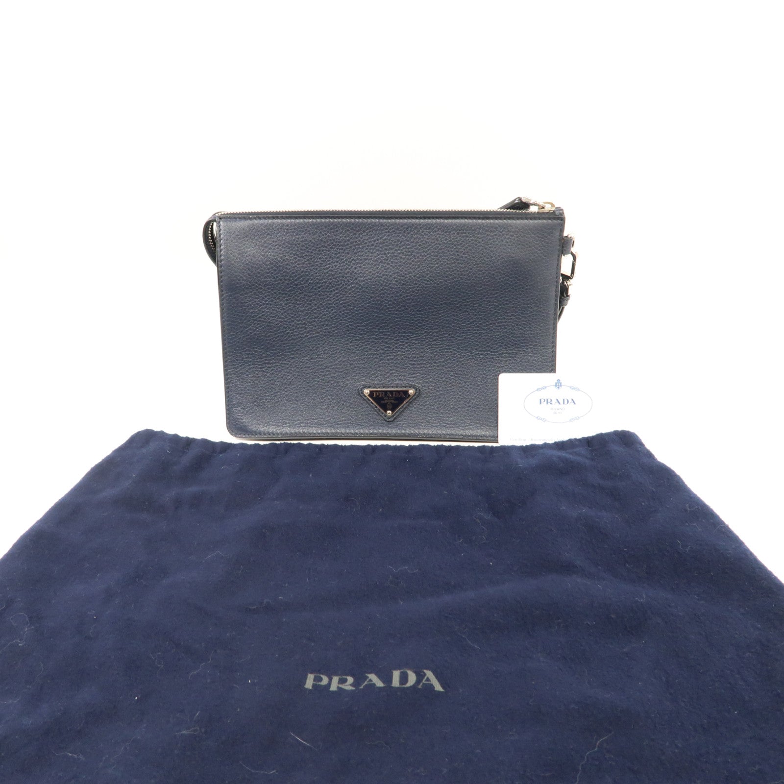 PRADA 牛皮皮革Clutch Bag銀扣手拿包深藍色