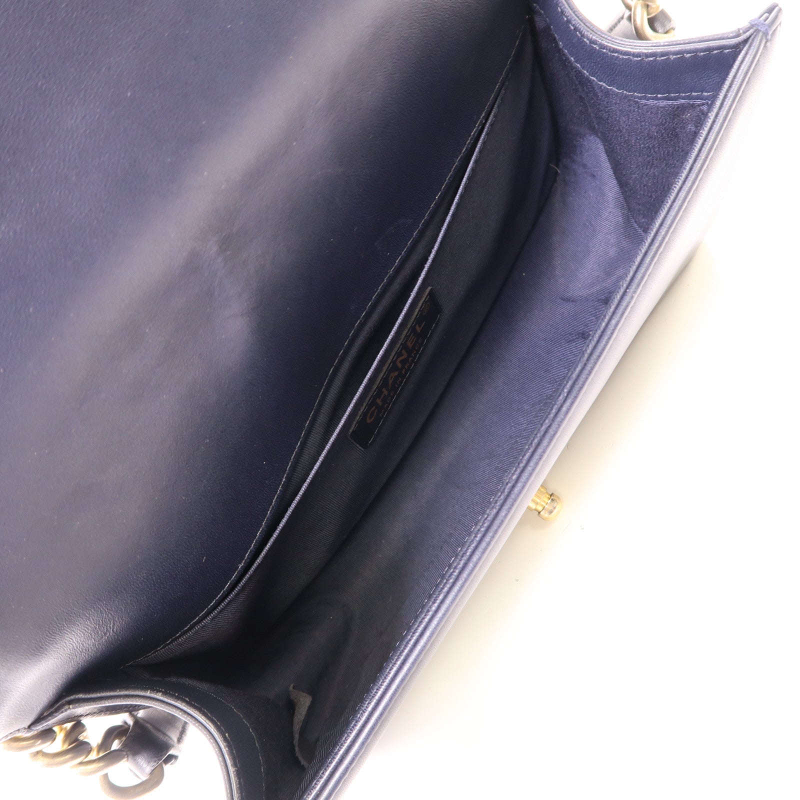 CHANEL CC GHW Boy 25 Chain Shoulder Bag Lambskin Leather Navy