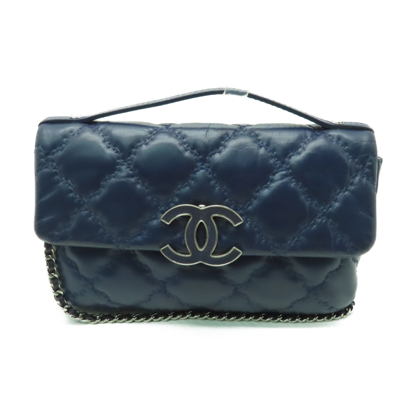 CHANEL **【清倉大減價】菱格牛皮皮革2way Chain Shoulder Bag銀扣手挽肩背兩用袋藍色