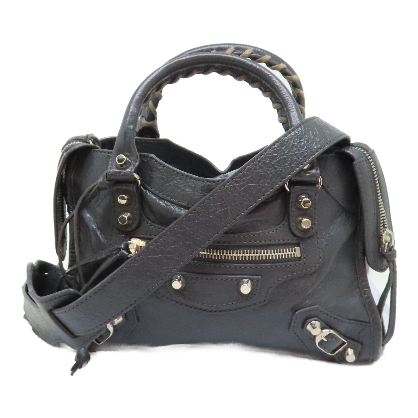 BALENCIAGA 牛皮皮革Mini City銀扣手挽肩背兩用袋灰色