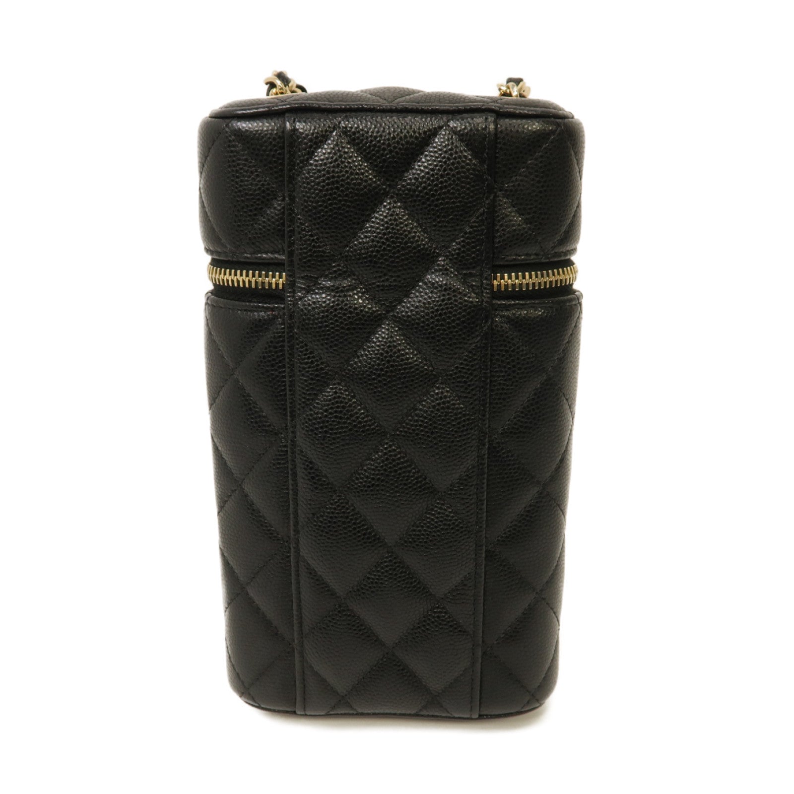 CHANEL 菱格Caviar皮革Vanity Phone Holder With Chain Bag金扣鏈帶肩背袋黑色