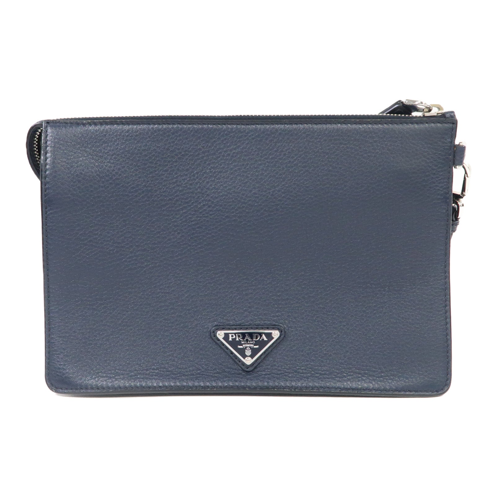 PRADA 牛皮皮革Clutch Bag銀扣手拿包深藍色