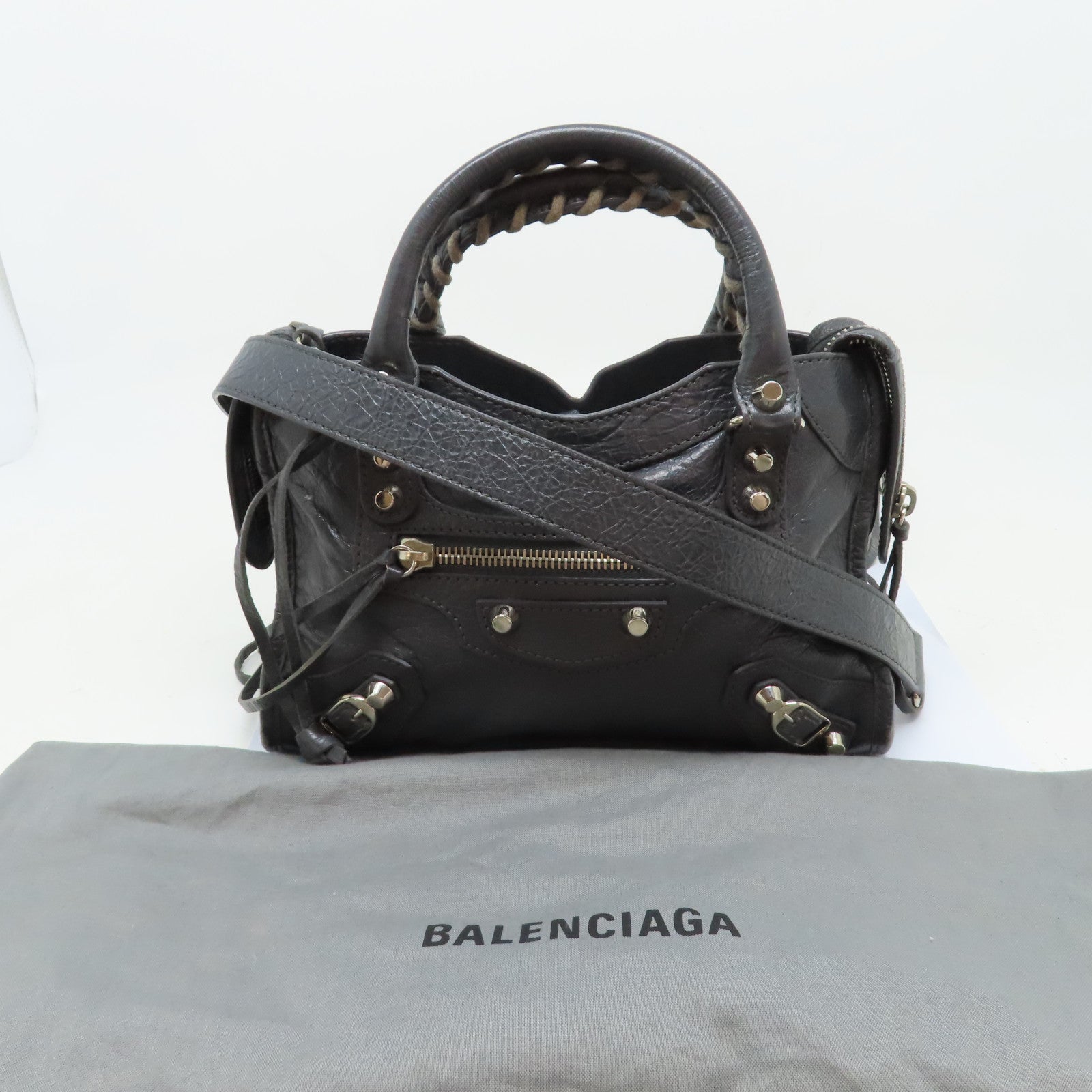 BALENCIAGA 牛皮皮革Mini City銀扣手挽肩背兩用袋灰色