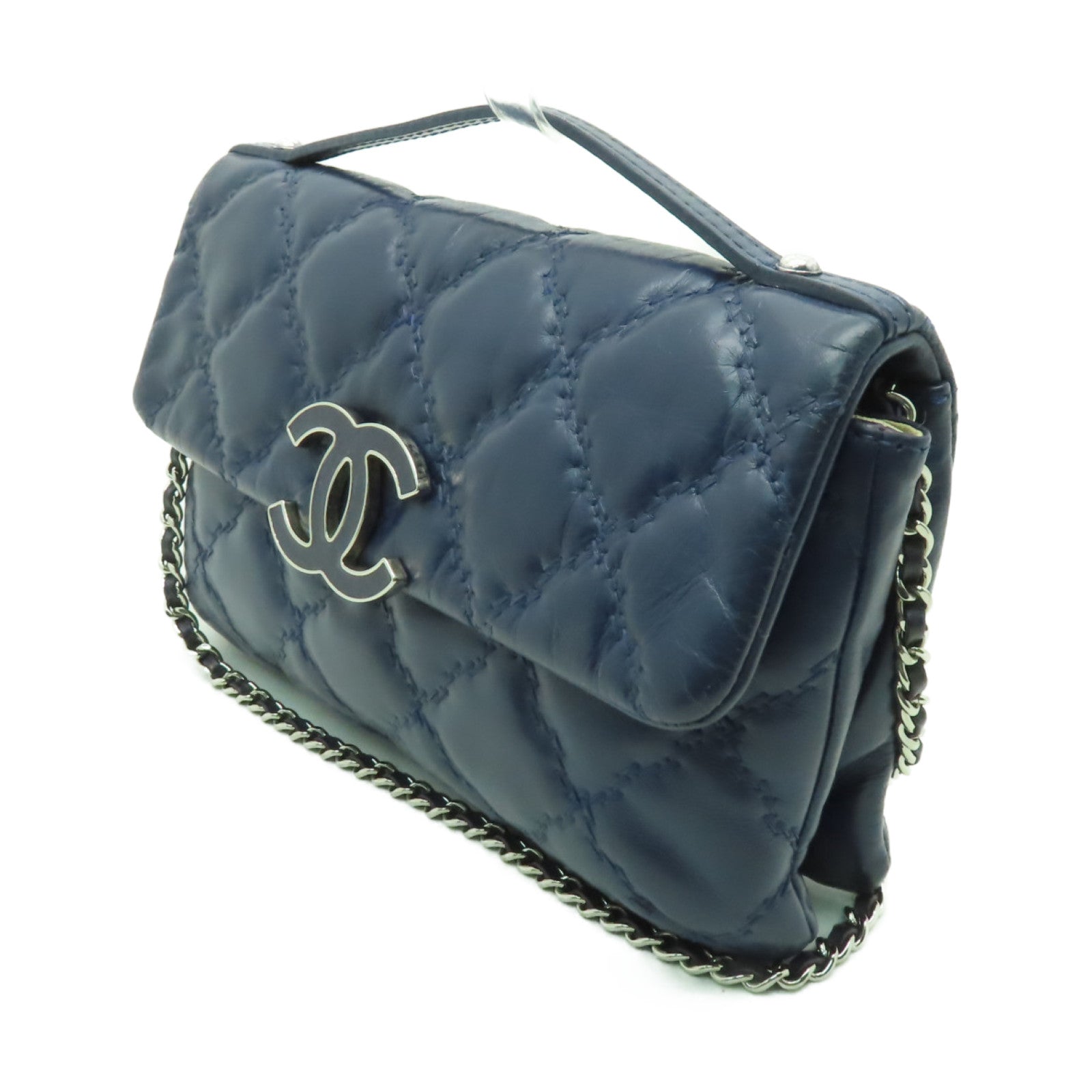 CHANEL **【清倉大減價】菱格牛皮皮革2way Chain Shoulder Bag銀扣手挽肩背兩用袋藍色