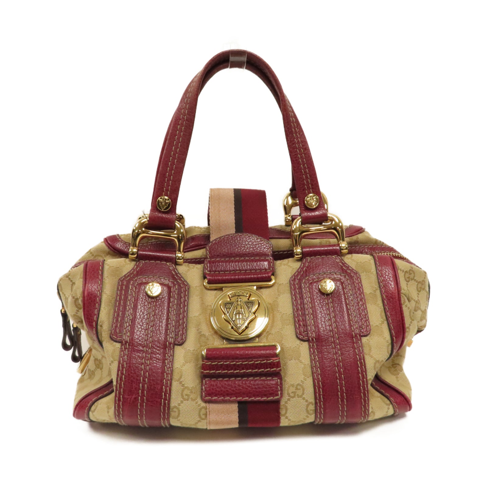 GUCCI 【激減優惠】帆布Hand Bag金扣手挽袋紅色/米色