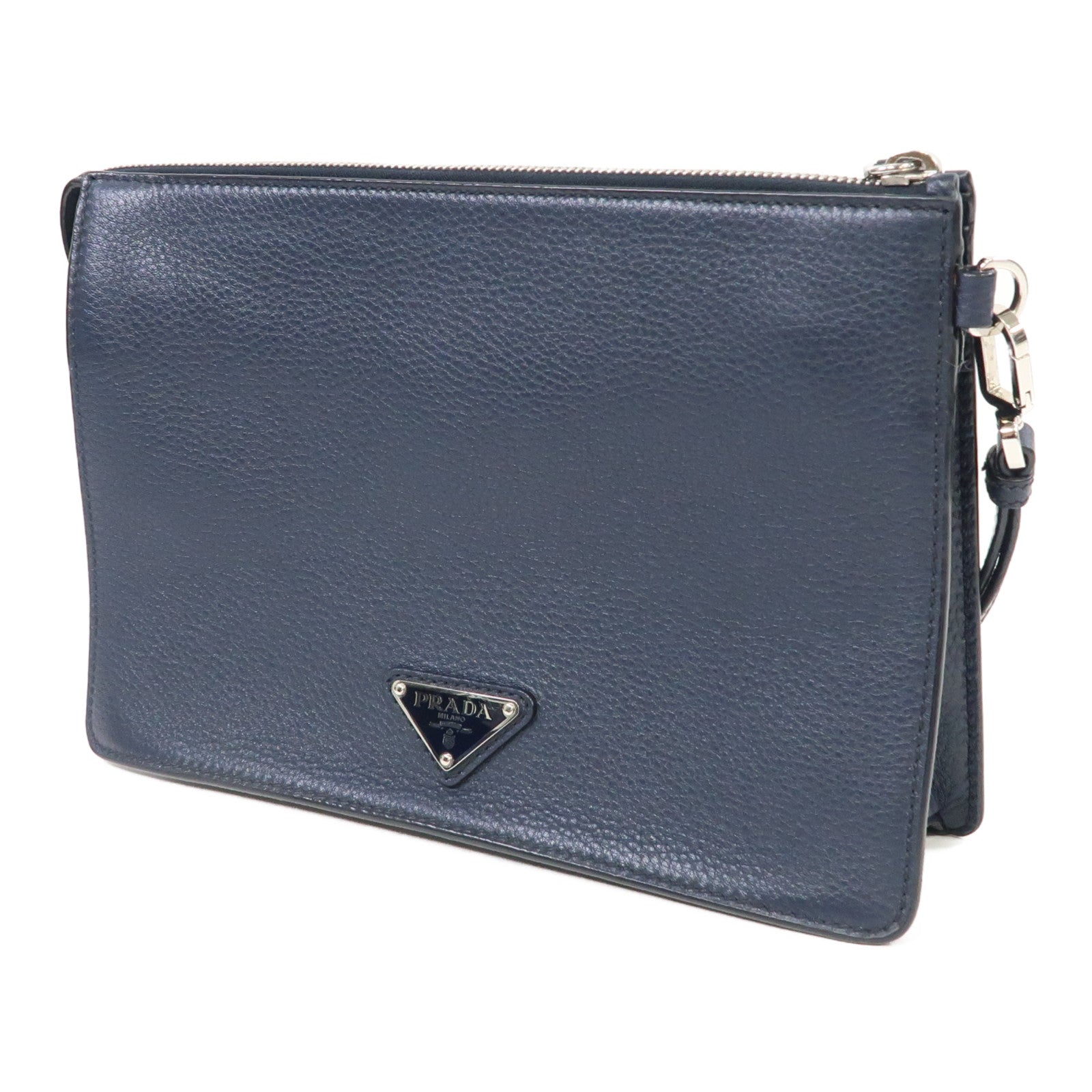 PRADA 牛皮皮革Clutch Bag銀扣手拿包深藍色