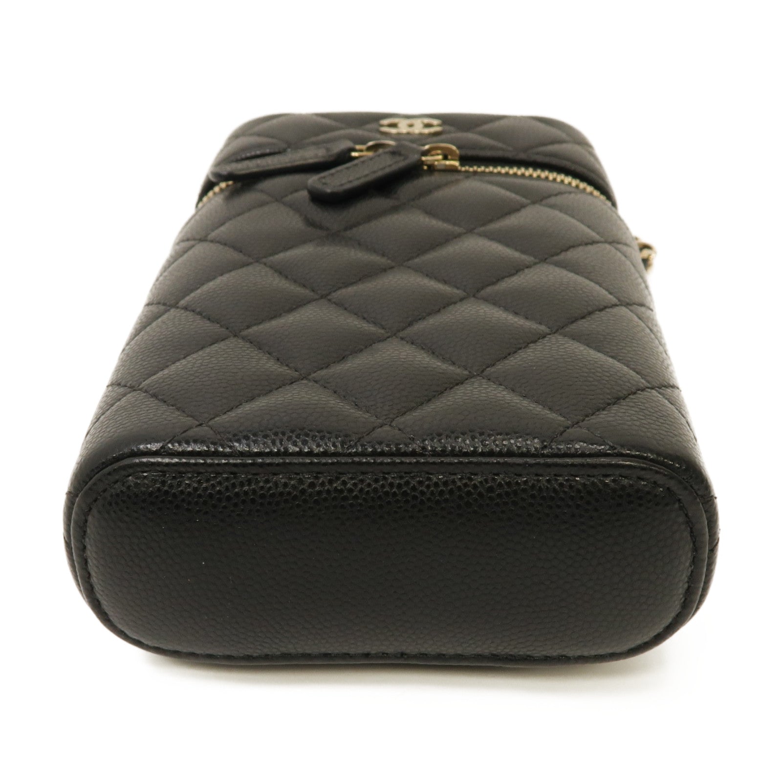 CHANEL 菱格Caviar皮革Vanity Phone Holder With Chain Bag金扣鏈帶肩背袋黑色