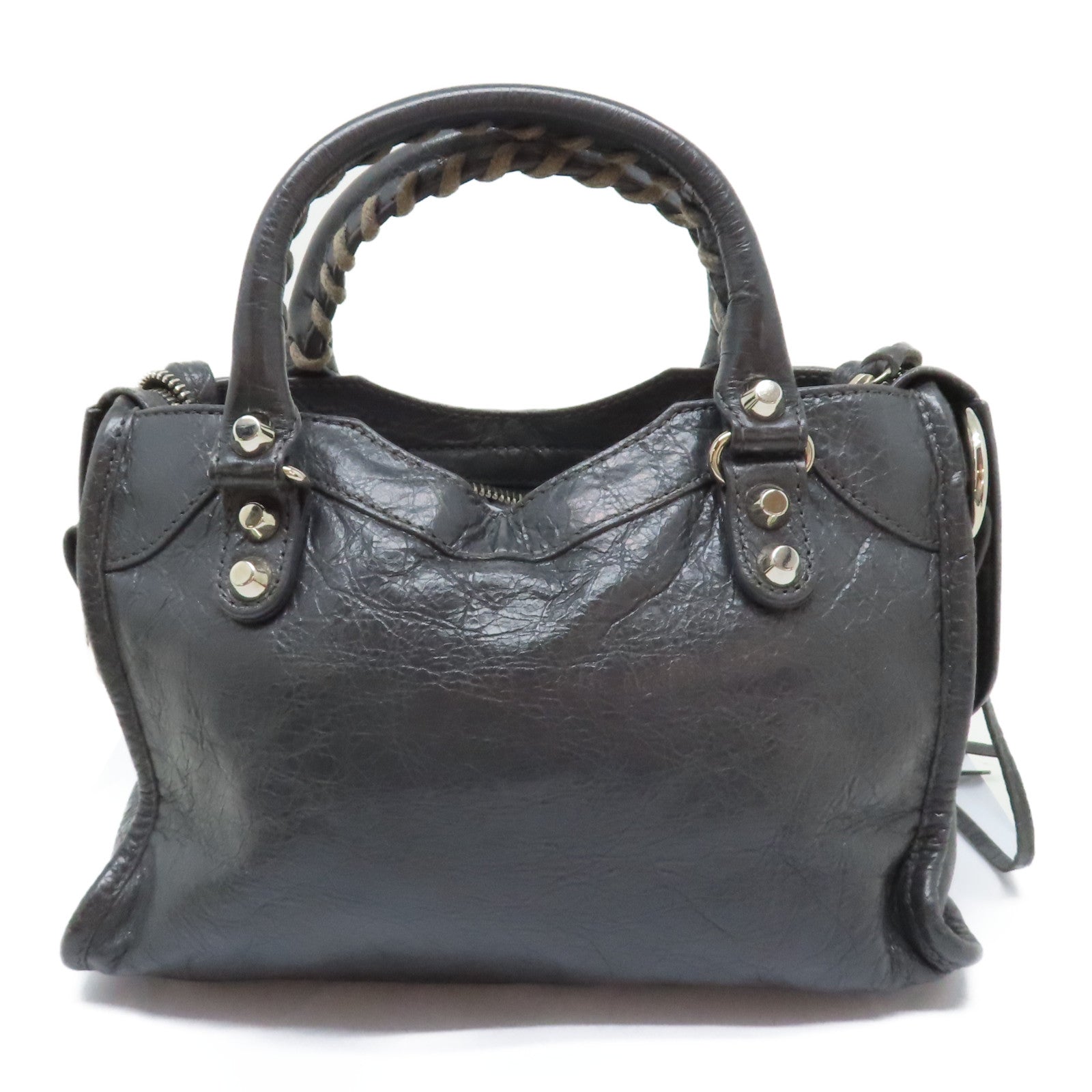 BALENCIAGA 牛皮皮革Mini City銀扣手挽肩背兩用袋灰色