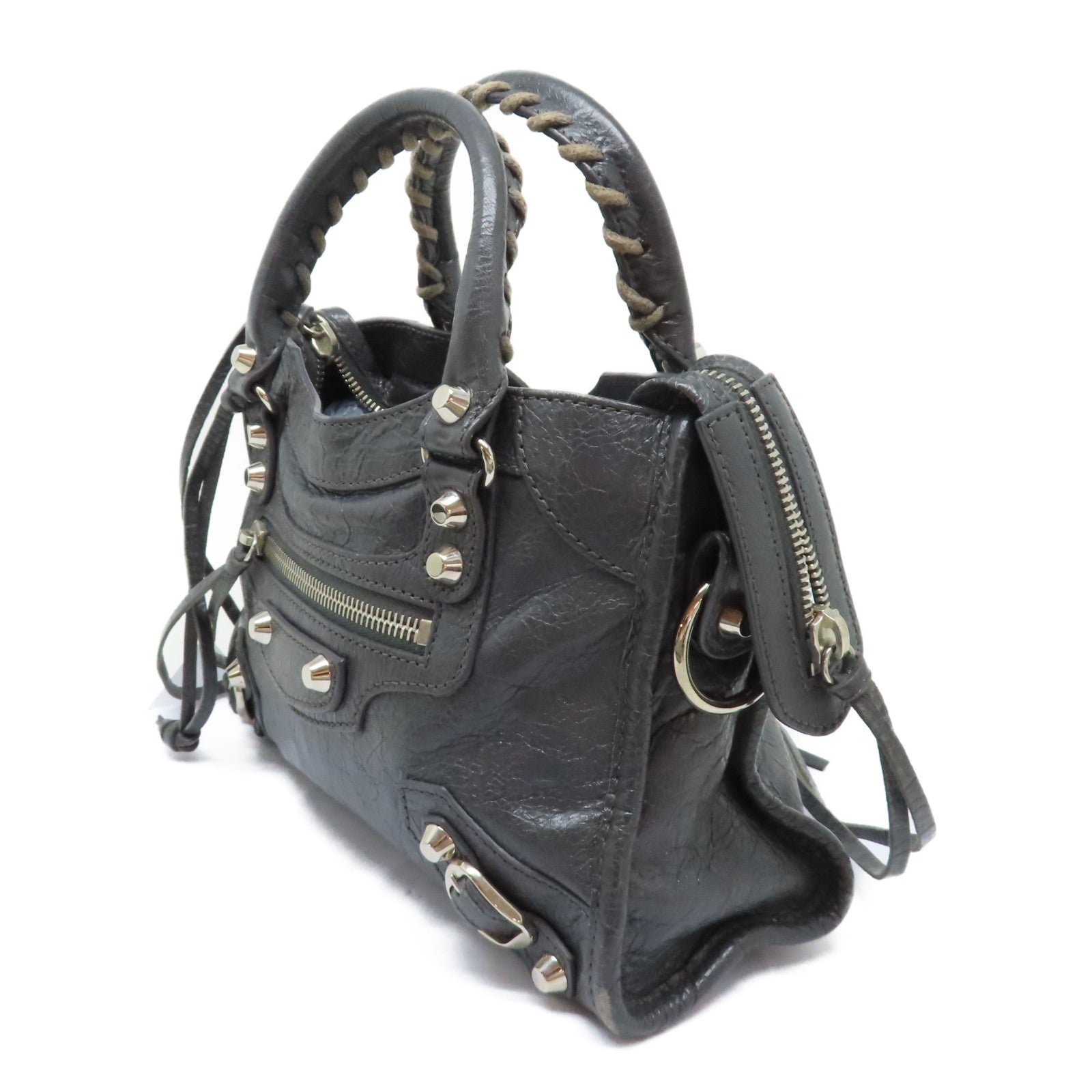 BALENCIAGA 牛皮皮革Mini City銀扣手挽肩背兩用袋灰色