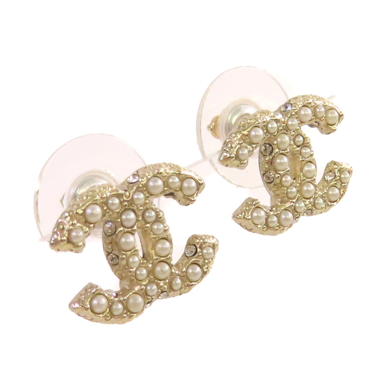 CHANEL 金屬/仿珍珠CC Earrings耳環珍珠色/金色