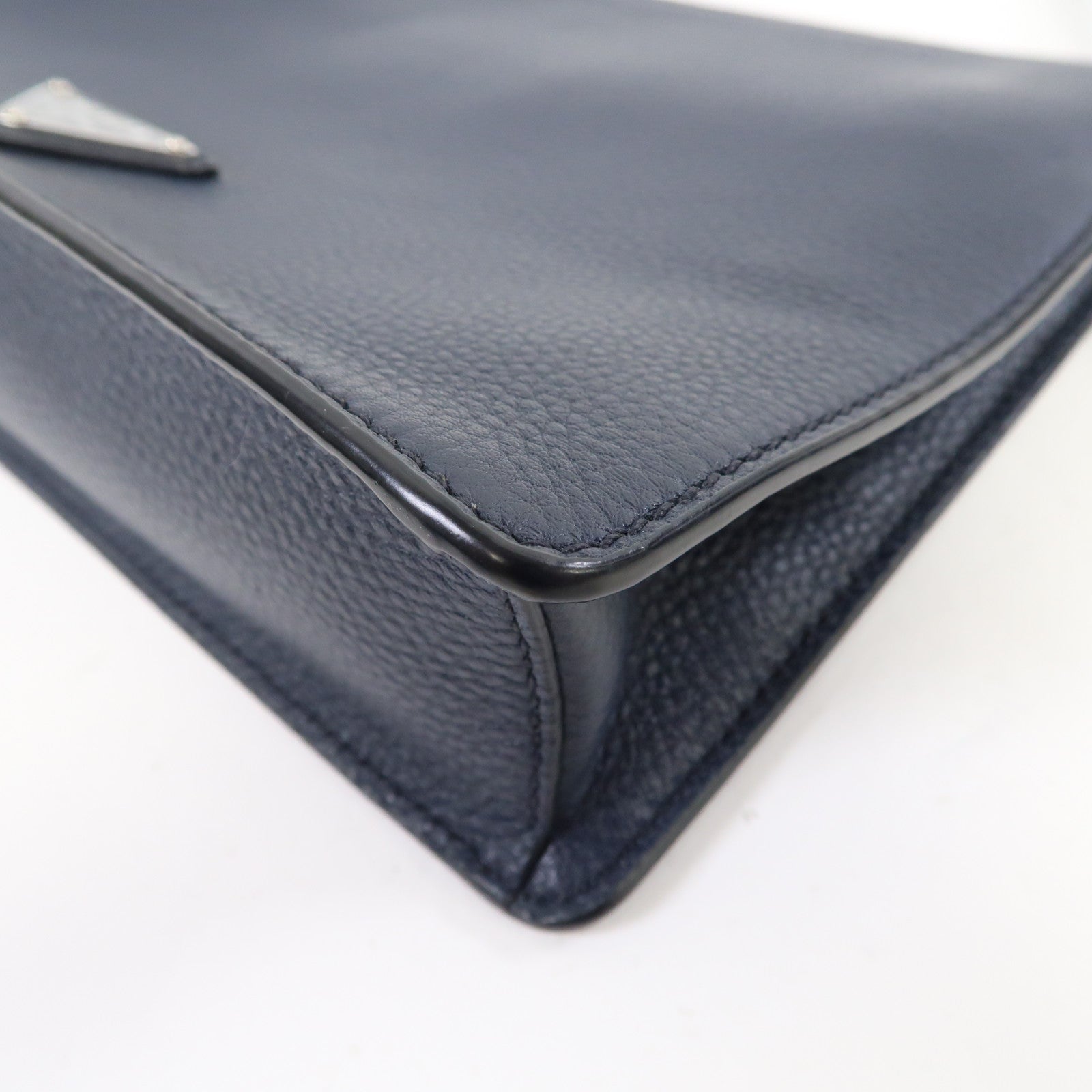 PRADA 牛皮皮革Clutch Bag銀扣手拿包深藍色