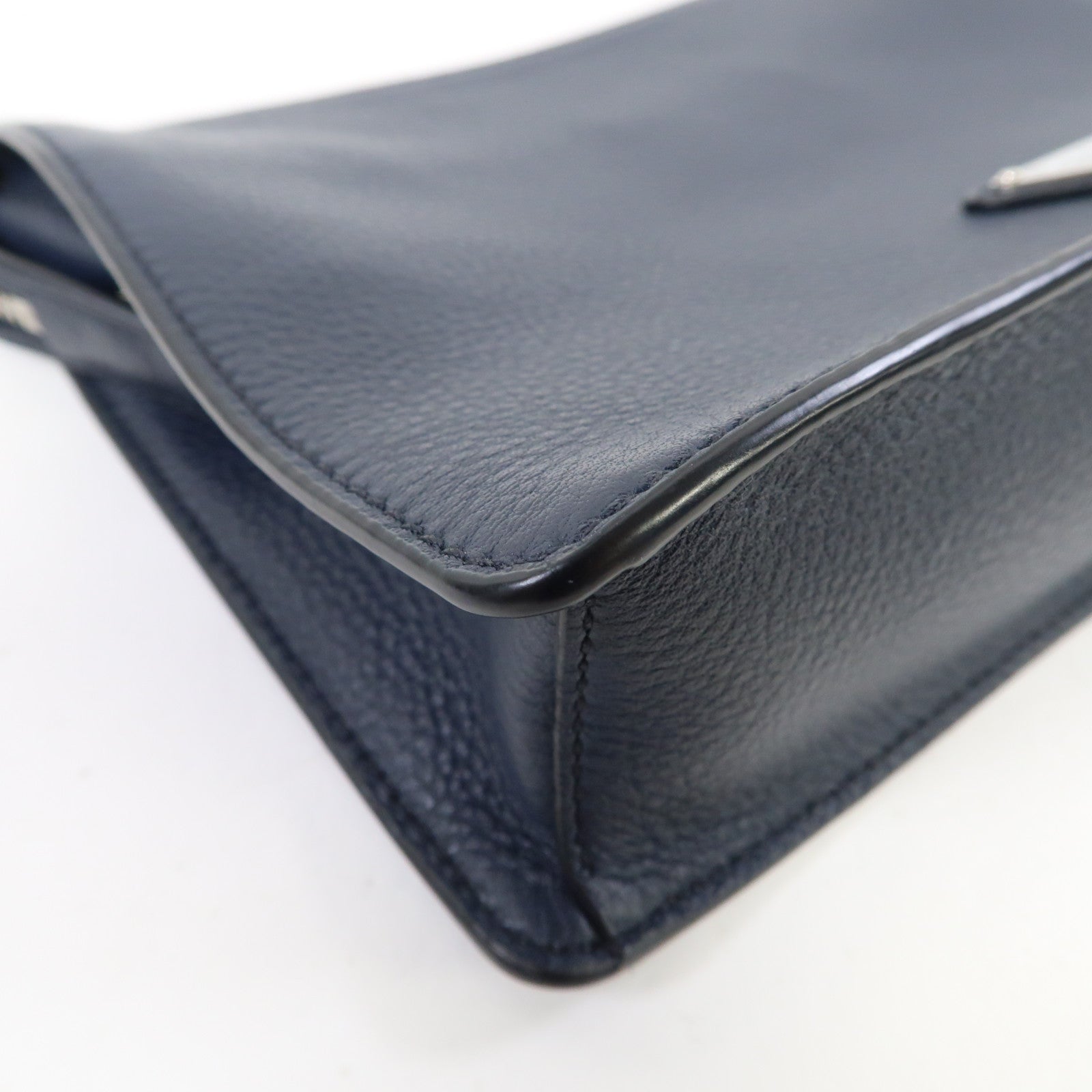 PRADA 牛皮皮革Clutch Bag銀扣手拿包深藍色