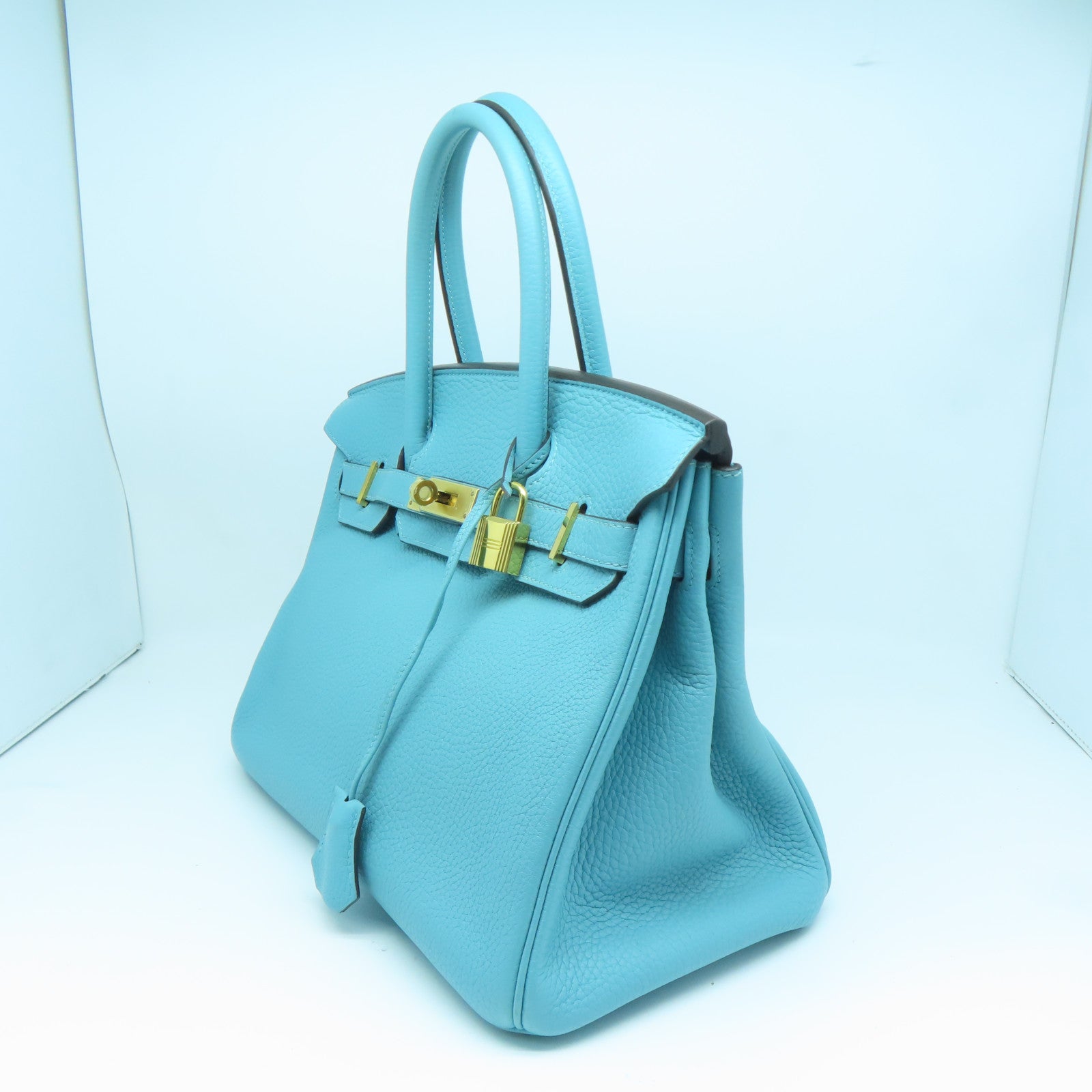 HERMES 【清倉大減價】Clemence皮革Birkin 30金扣手挽袋聖西爾水藍