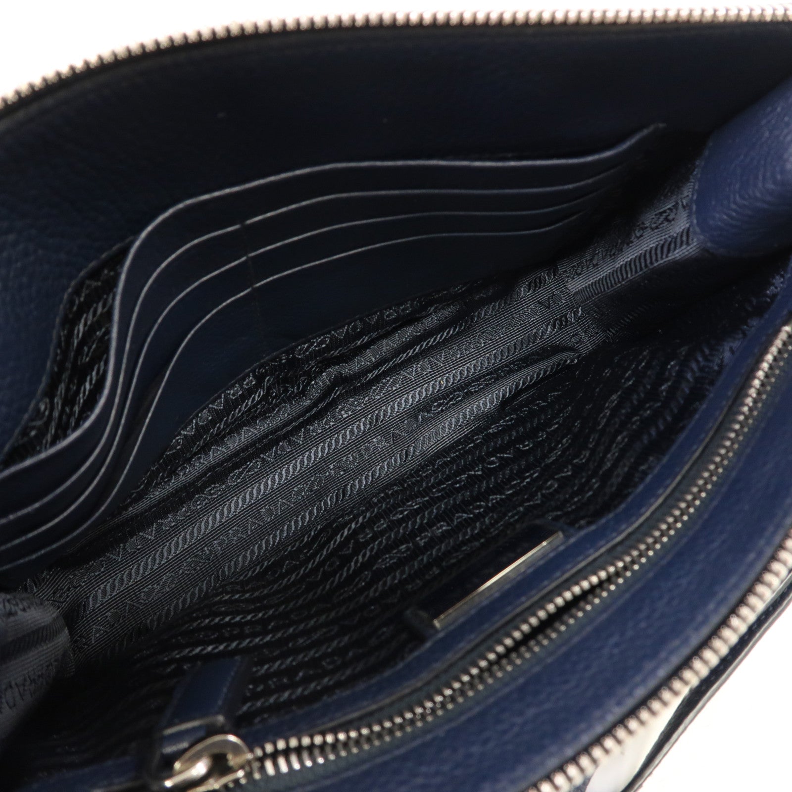 PRADA 牛皮皮革Clutch Bag銀扣手拿包深藍色