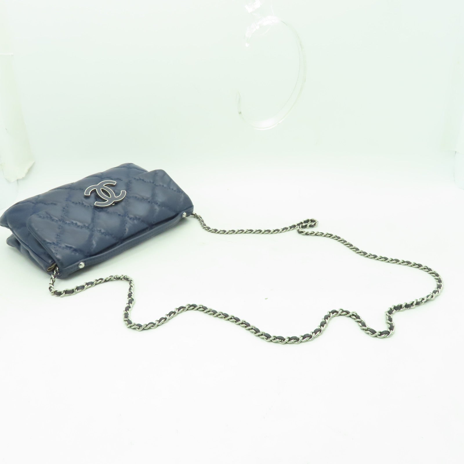 CHANEL **【清倉大減價】菱格牛皮皮革2way Chain Shoulder Bag銀扣手挽肩背兩用袋藍色