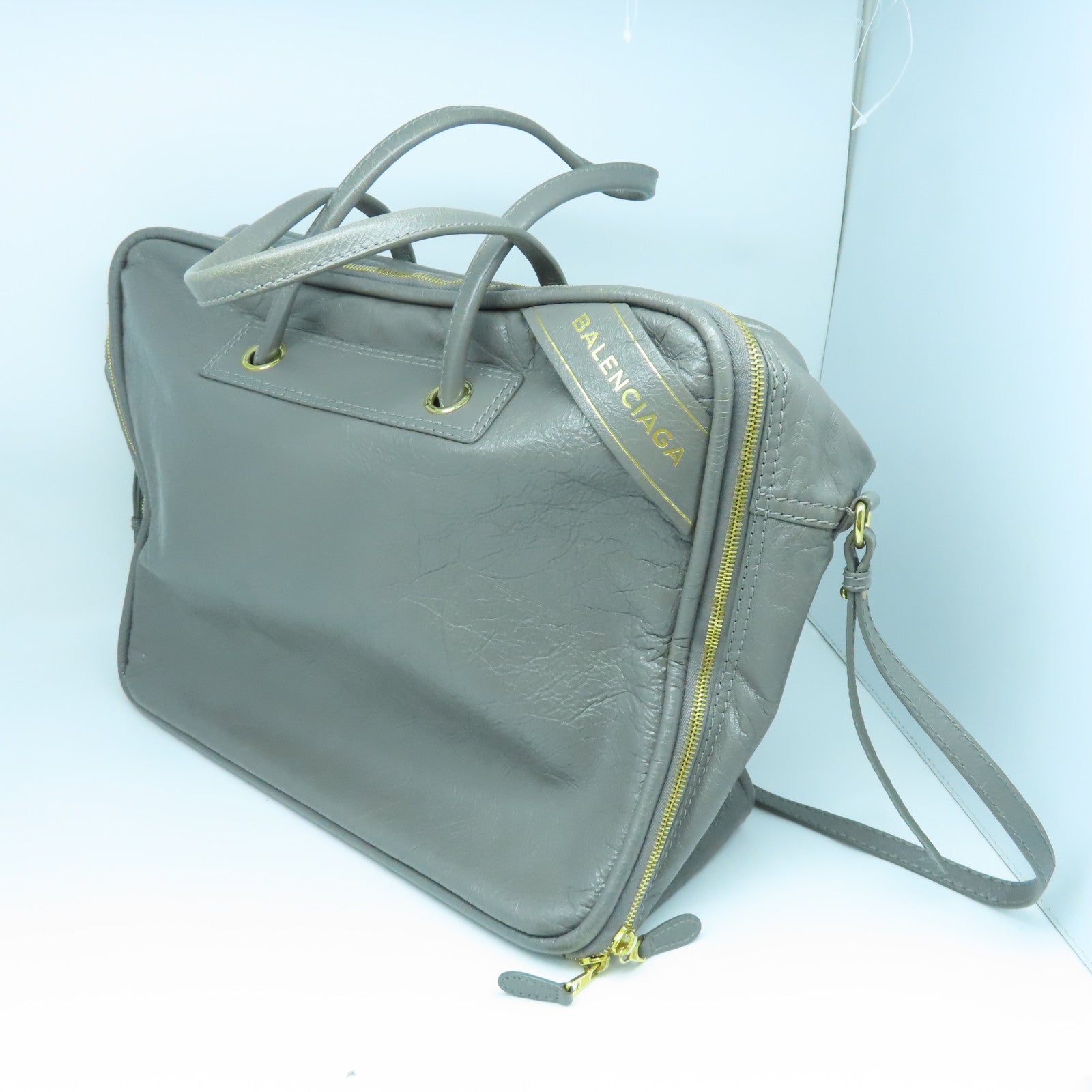 BALENCIAGA Cowhide Leather 2Way Shoulder Gold Buckle Handle Shoulder Bag Gray