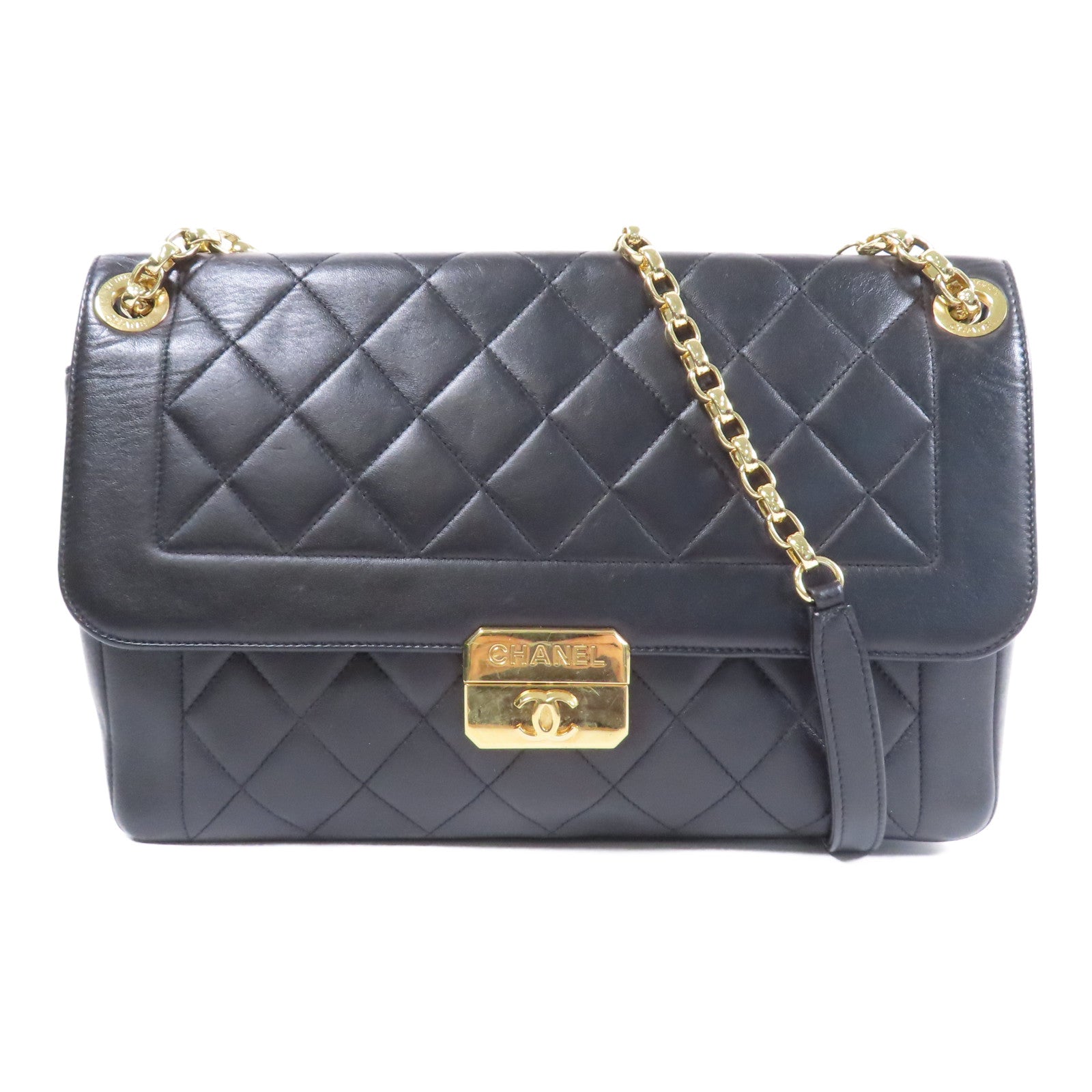 CHANEL 【激減優惠】菱格牛皮皮革Chain Shoulder金扣鏈帶肩背袋黑色