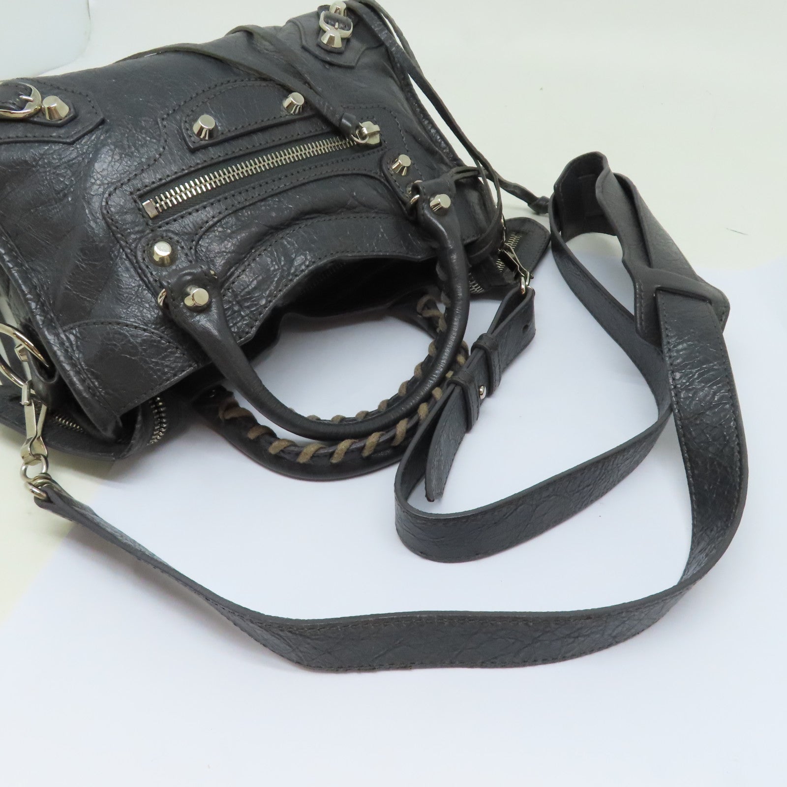 BALENCIAGA 牛皮皮革Mini City銀扣手挽肩背兩用袋灰色