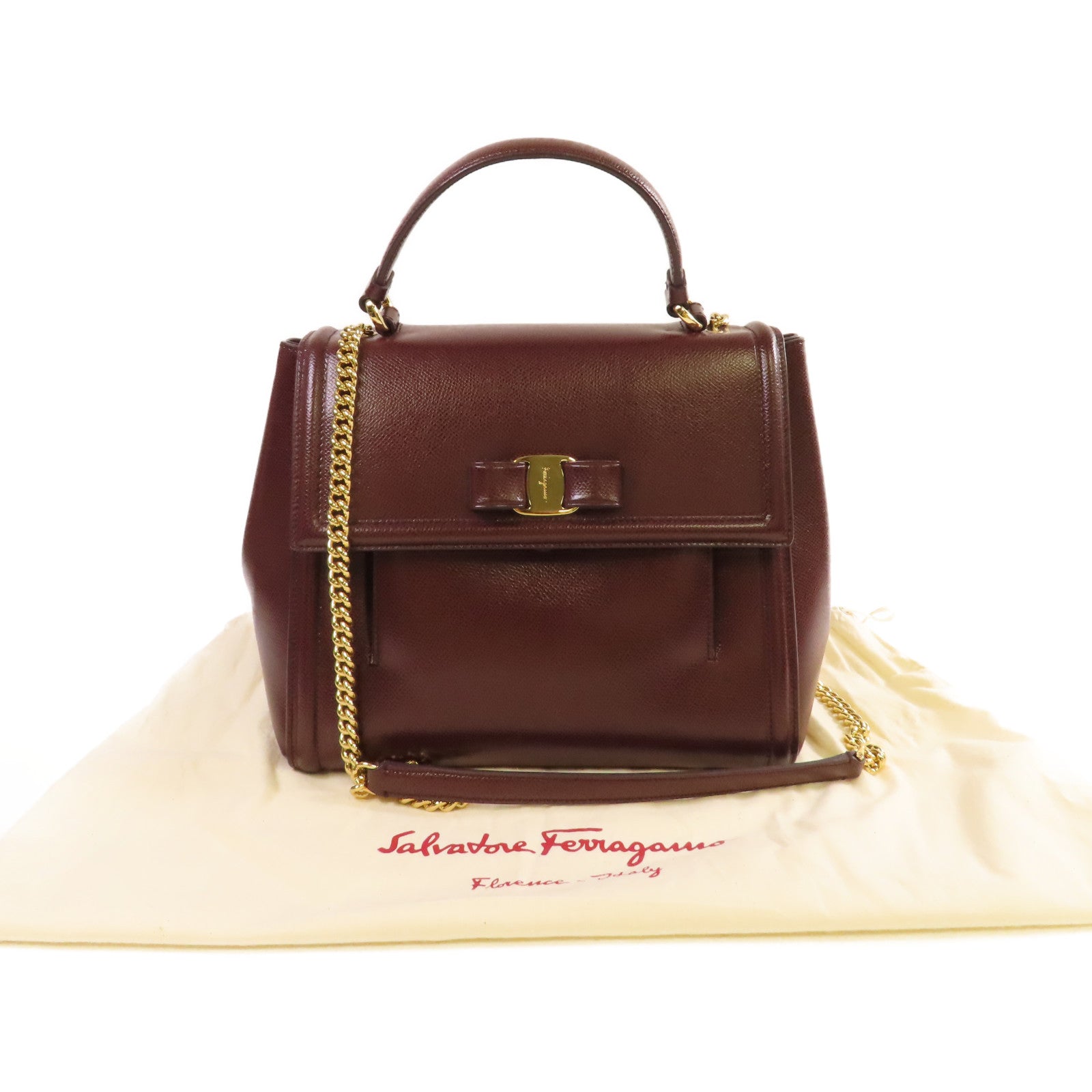 Salvatore Ferragamo 牛皮皮革2Way Shoulder Bag金扣手挽肩背兩用袋酒紅色