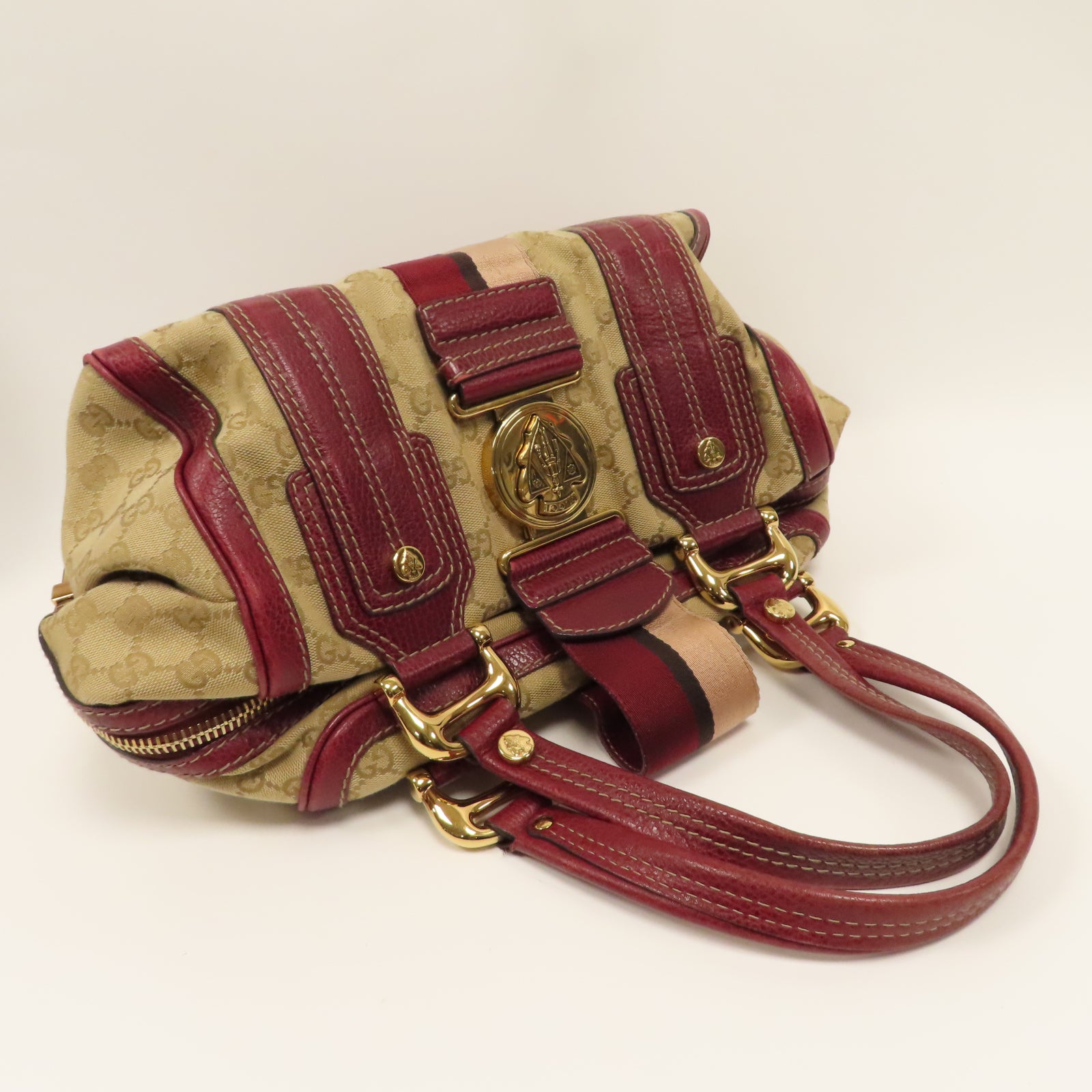 GUCCI 【激減優惠】帆布Hand Bag金扣手挽袋紅色/米色