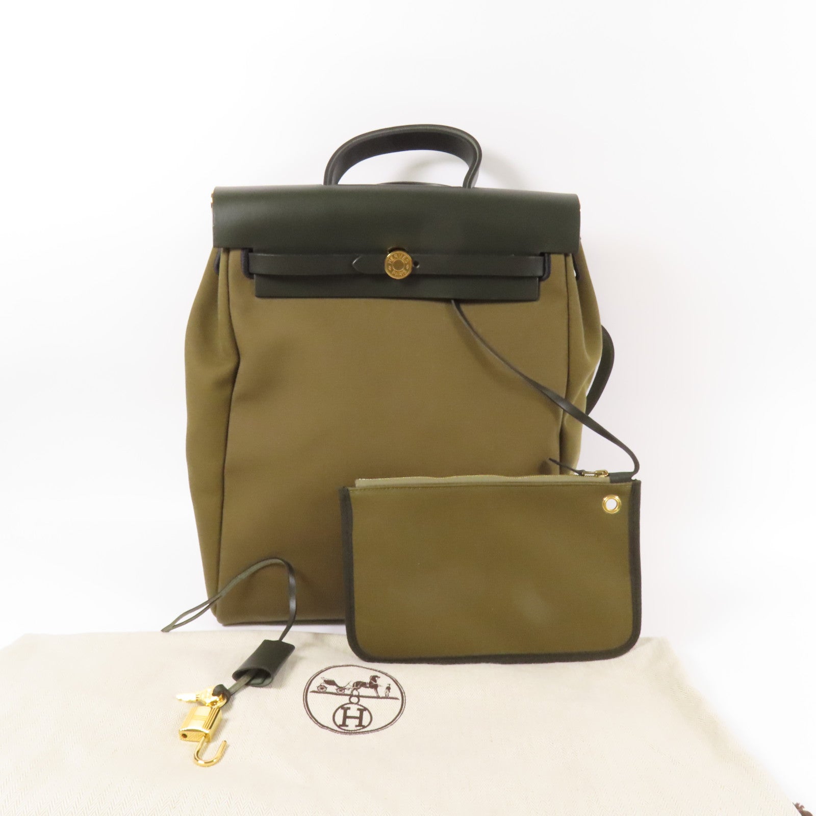 HERMES 皮革/帆布Herbag Backpack金扣背包Green