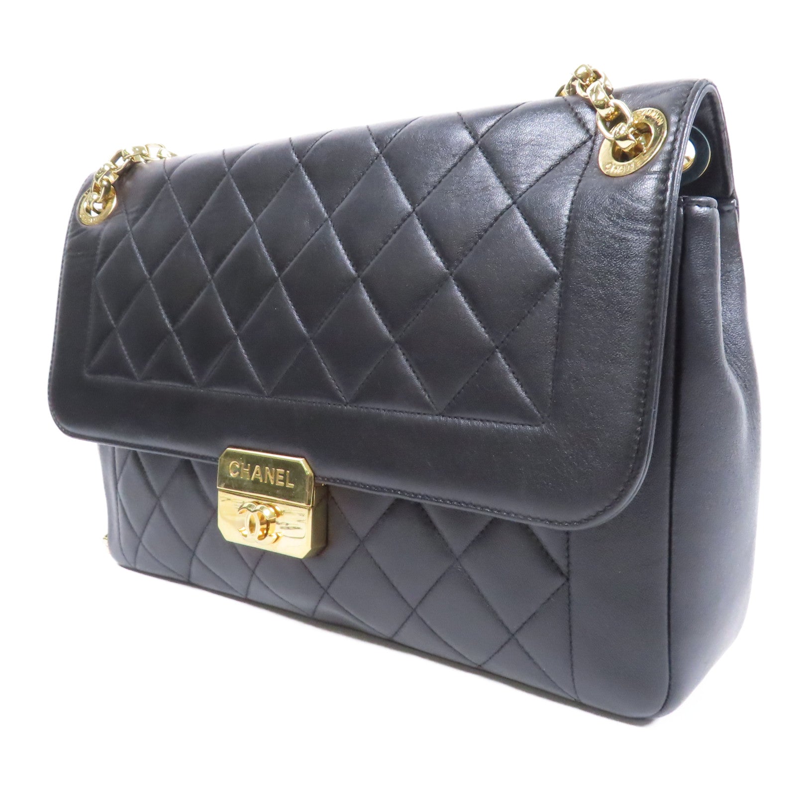 CHANEL 【激減優惠】菱格牛皮皮革Chain Shoulder金扣鏈帶肩背袋黑色