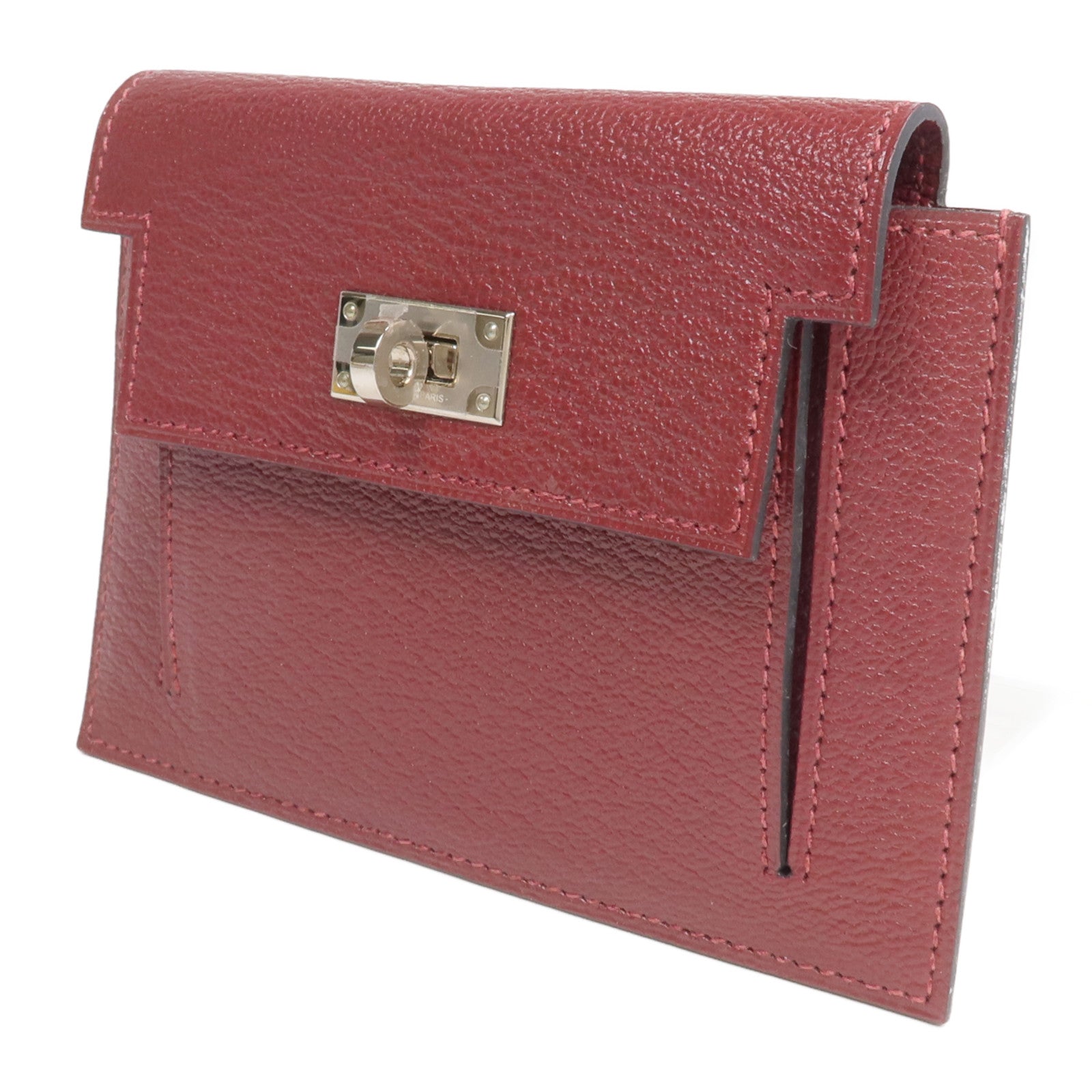 HERMES Chevre皮革Kelly Pocket Compact Wallet銀扣錢包Rouge H