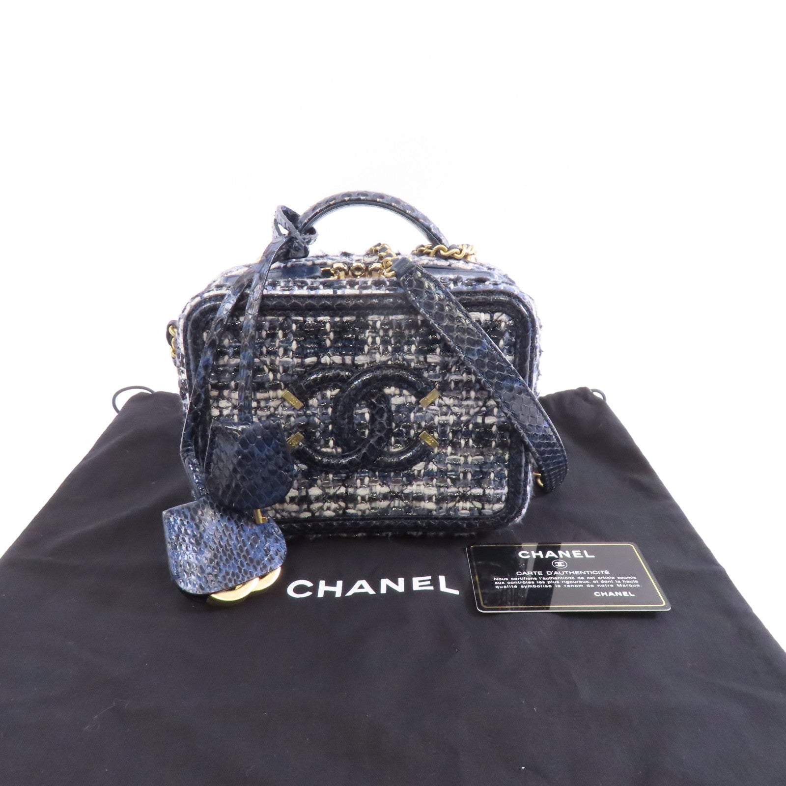 CHANEL 【激減優惠】花呢/蛇皮皮革Vanity Case金扣手挽肩背兩用袋深藍色