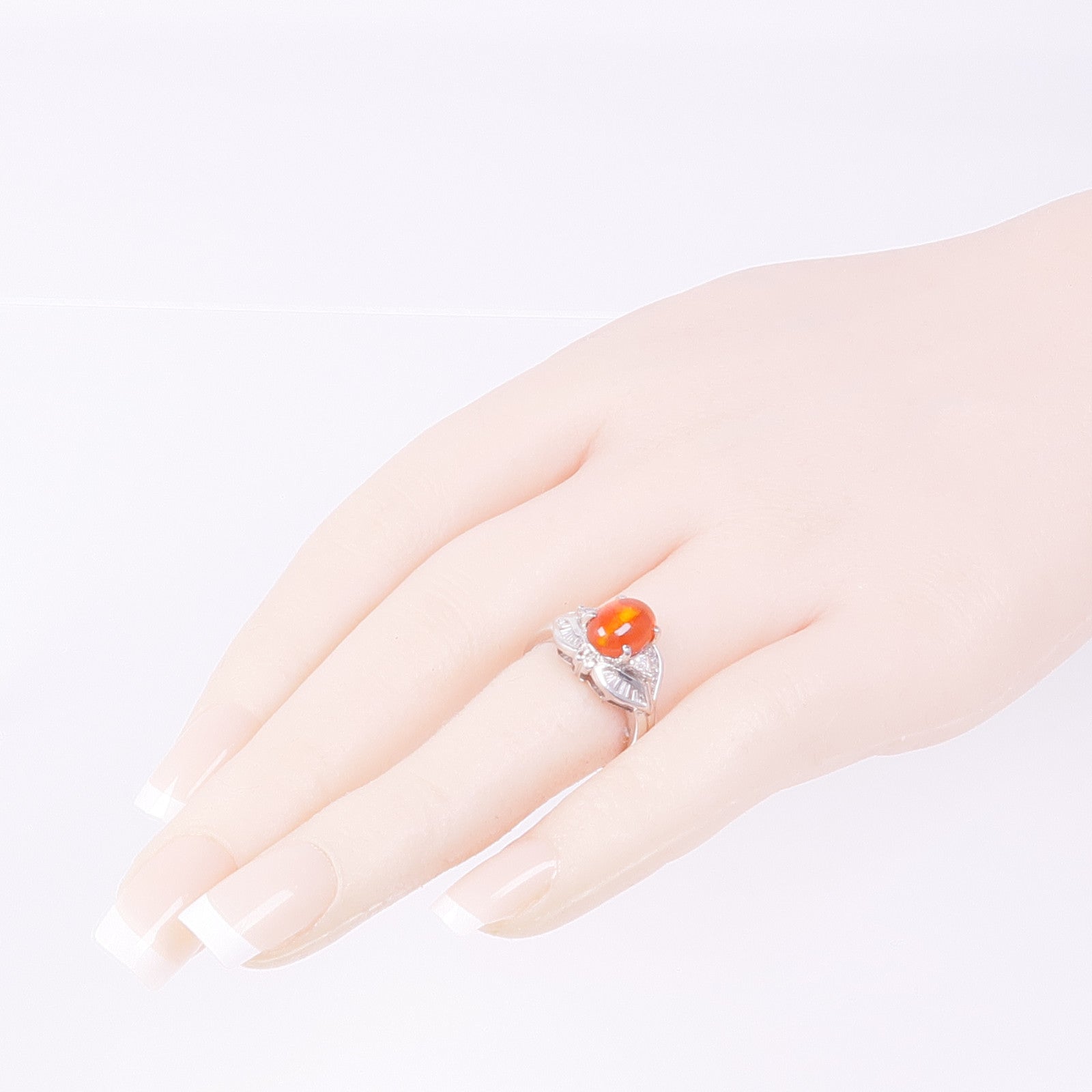 JEWELRY 【激減優惠】PT900鉑金Fire Opal Ring火蛋白石/鑽石戒指US#5.75
