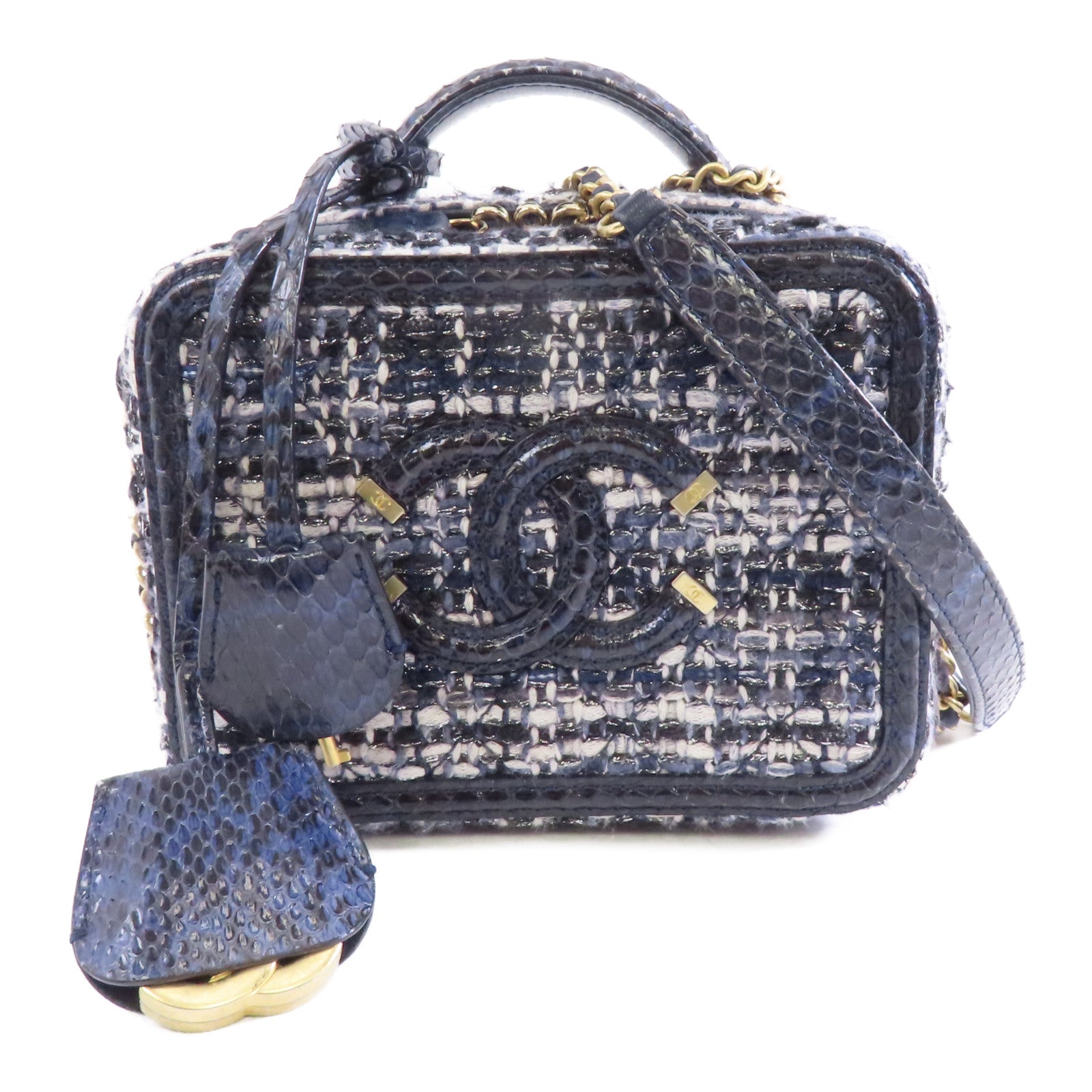 CHANEL 【激減優惠】花呢/蛇皮皮革Vanity Case金扣手挽肩背兩用袋深藍色