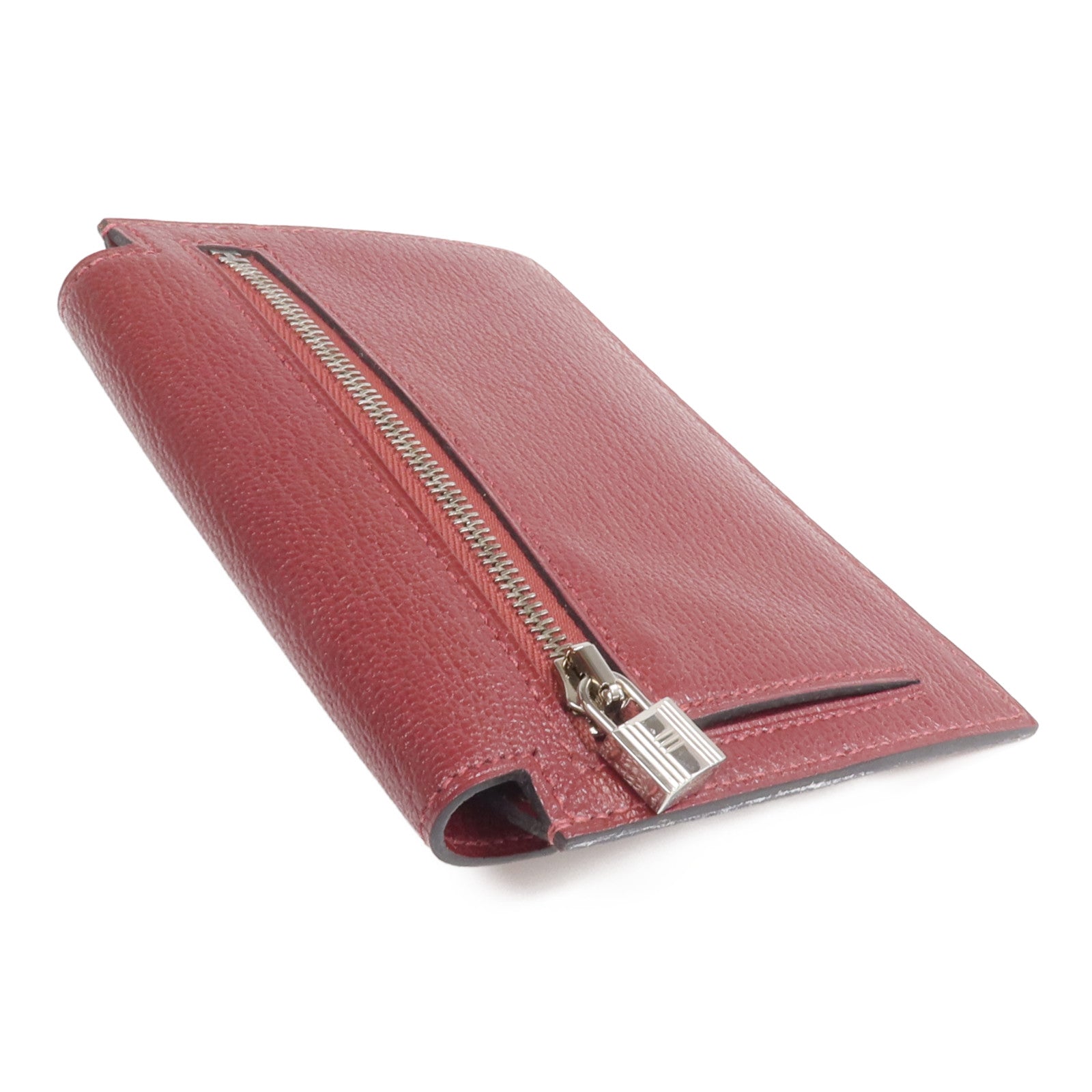 HERMES Chevre皮革Kelly Pocket Compact Wallet銀扣錢包Rouge H