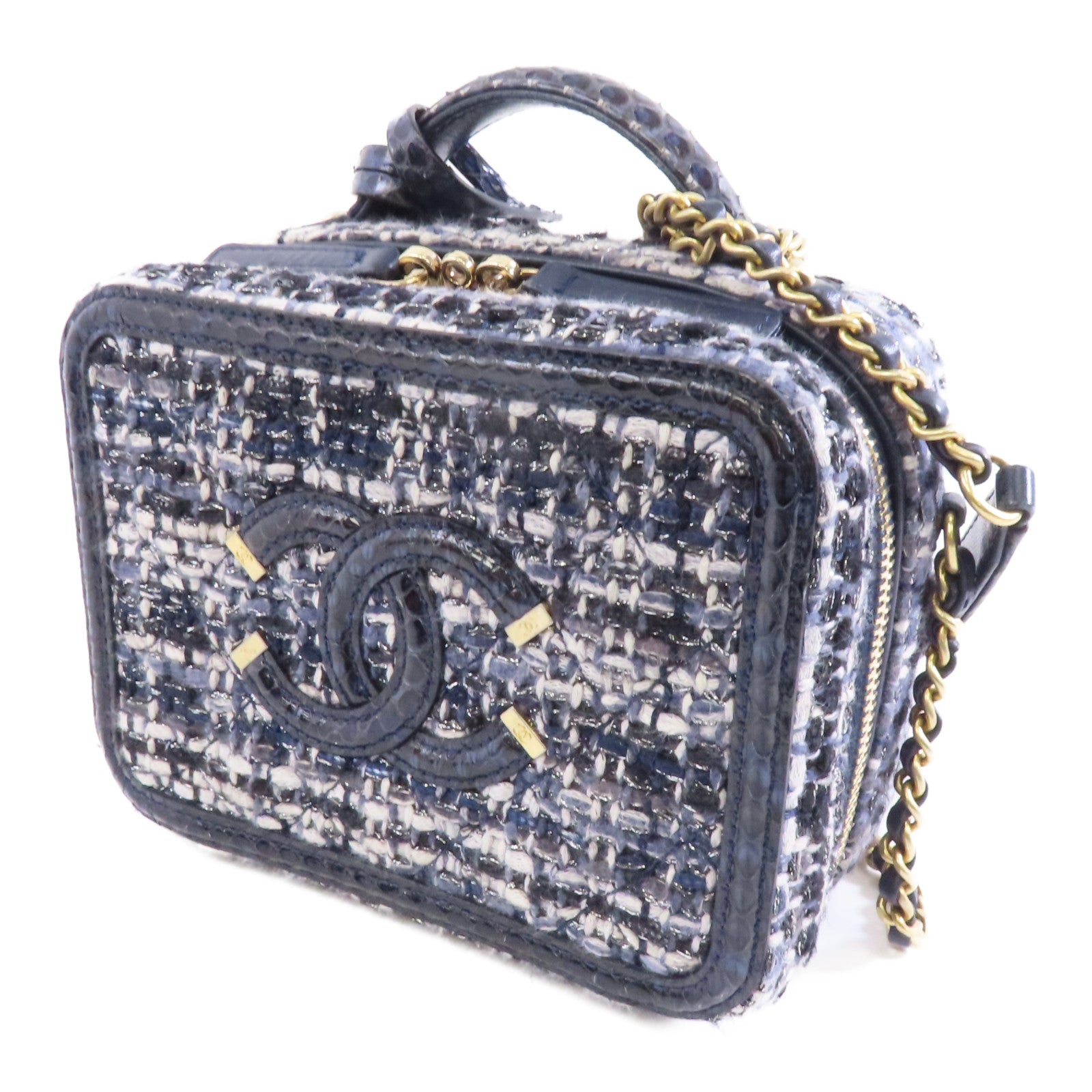 CHANEL 【激減優惠】花呢/蛇皮皮革Vanity Case金扣手挽肩背兩用袋深藍色