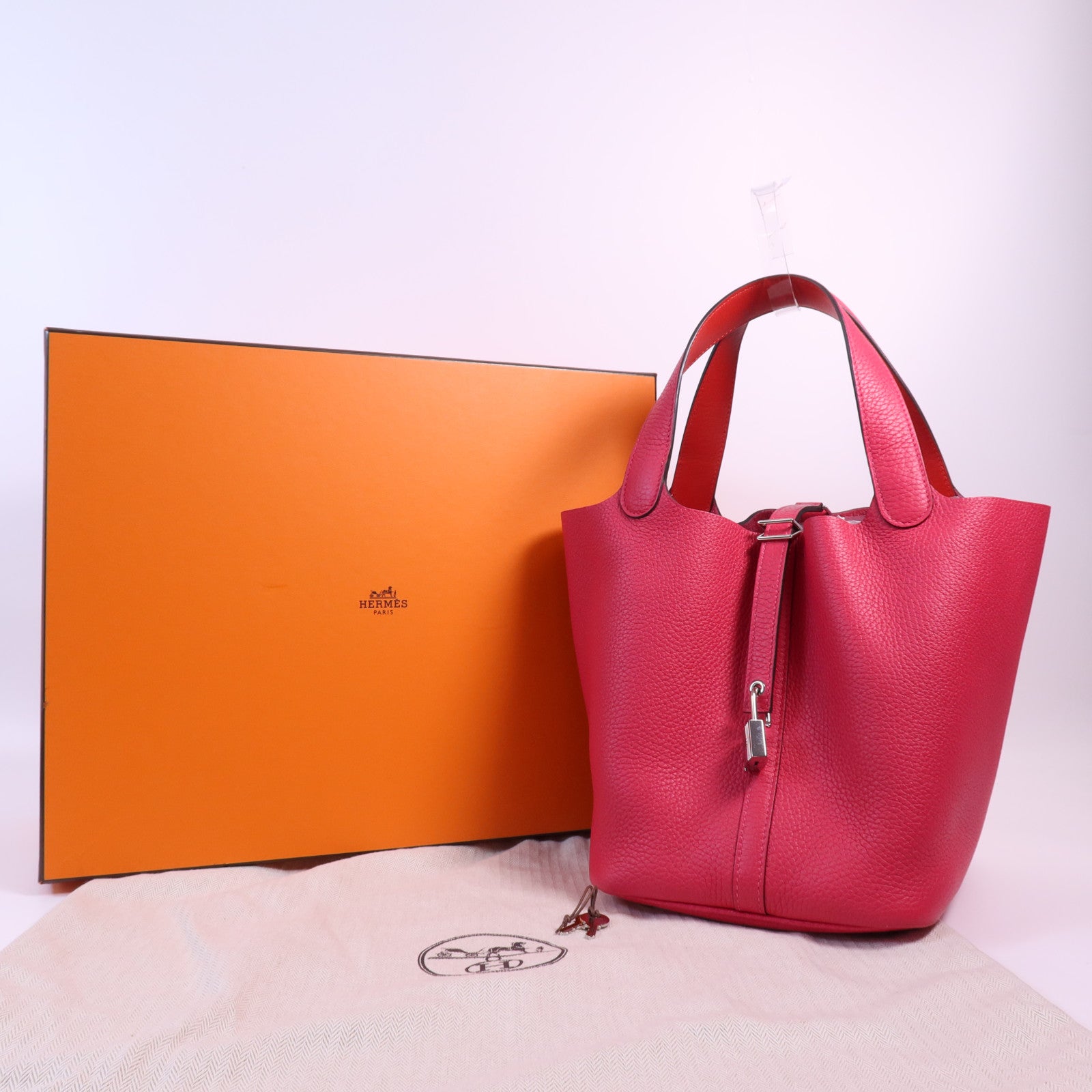 HERMES Clemence皮革Picotin MM銀扣手挽袋Rose Mexico