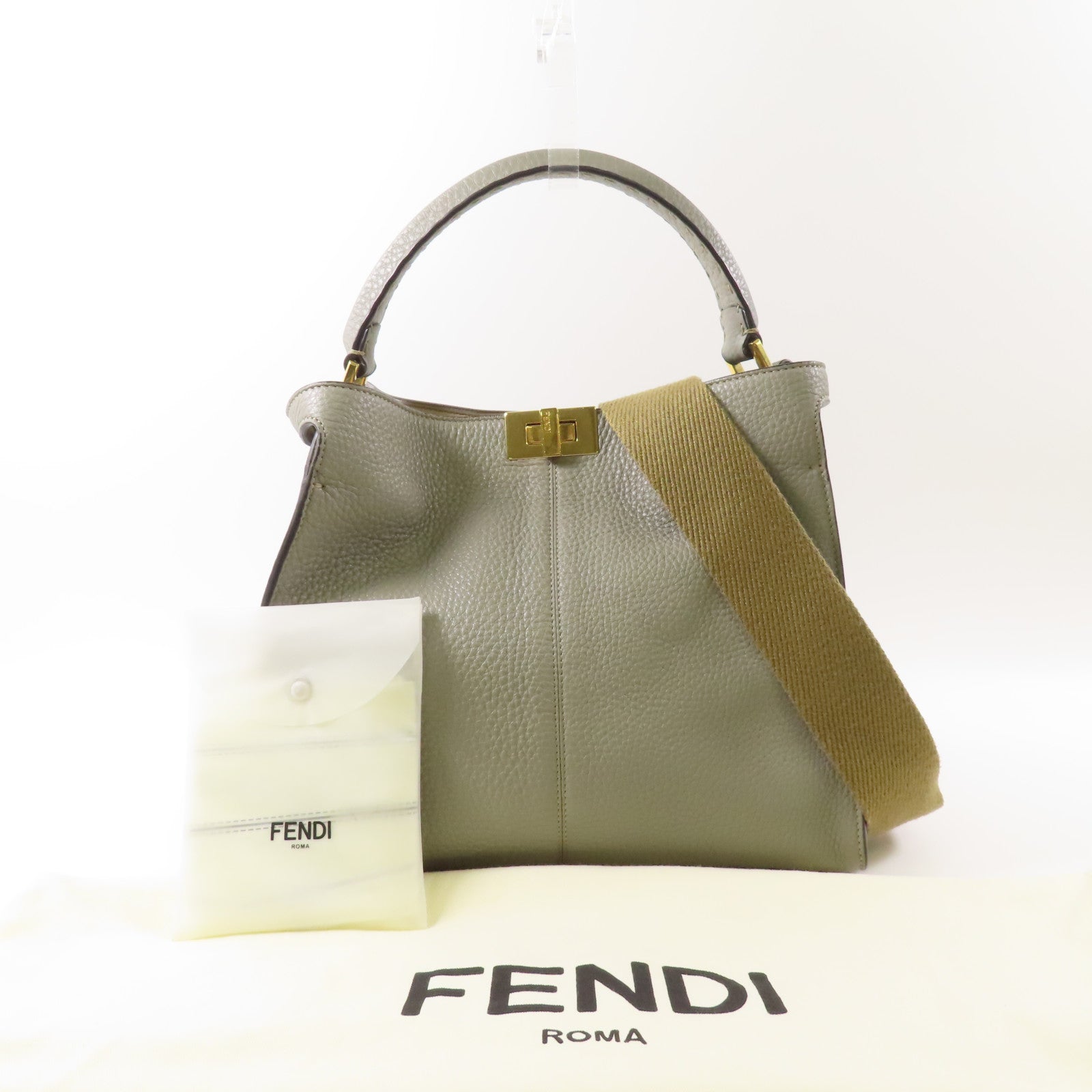 FENDI GHW Peekaboo X-Lite 2 Way Shoulder Handbag Calfskin Leather Gray
