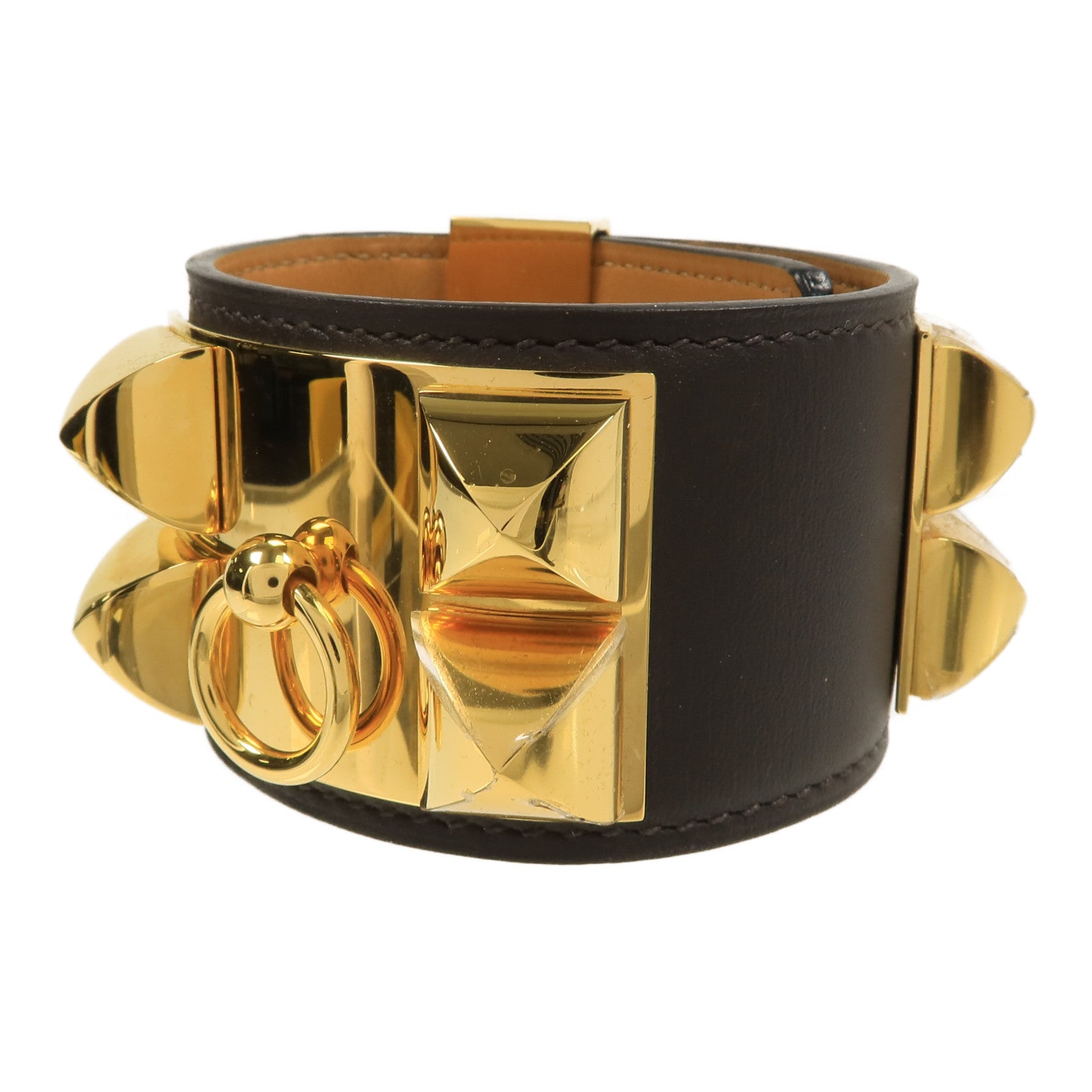 HERMES Swift皮革Collier De Chien Bangle金扣金扣Dark Brown
