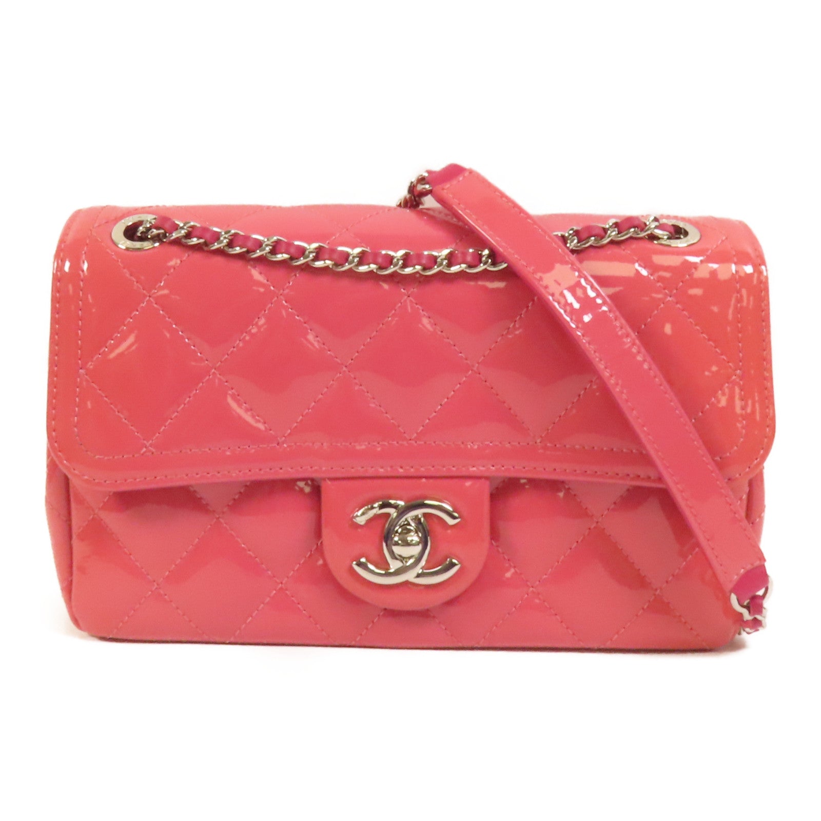CHANEL 漆皮皮革Chain Shoulder銀扣鏈帶肩背袋