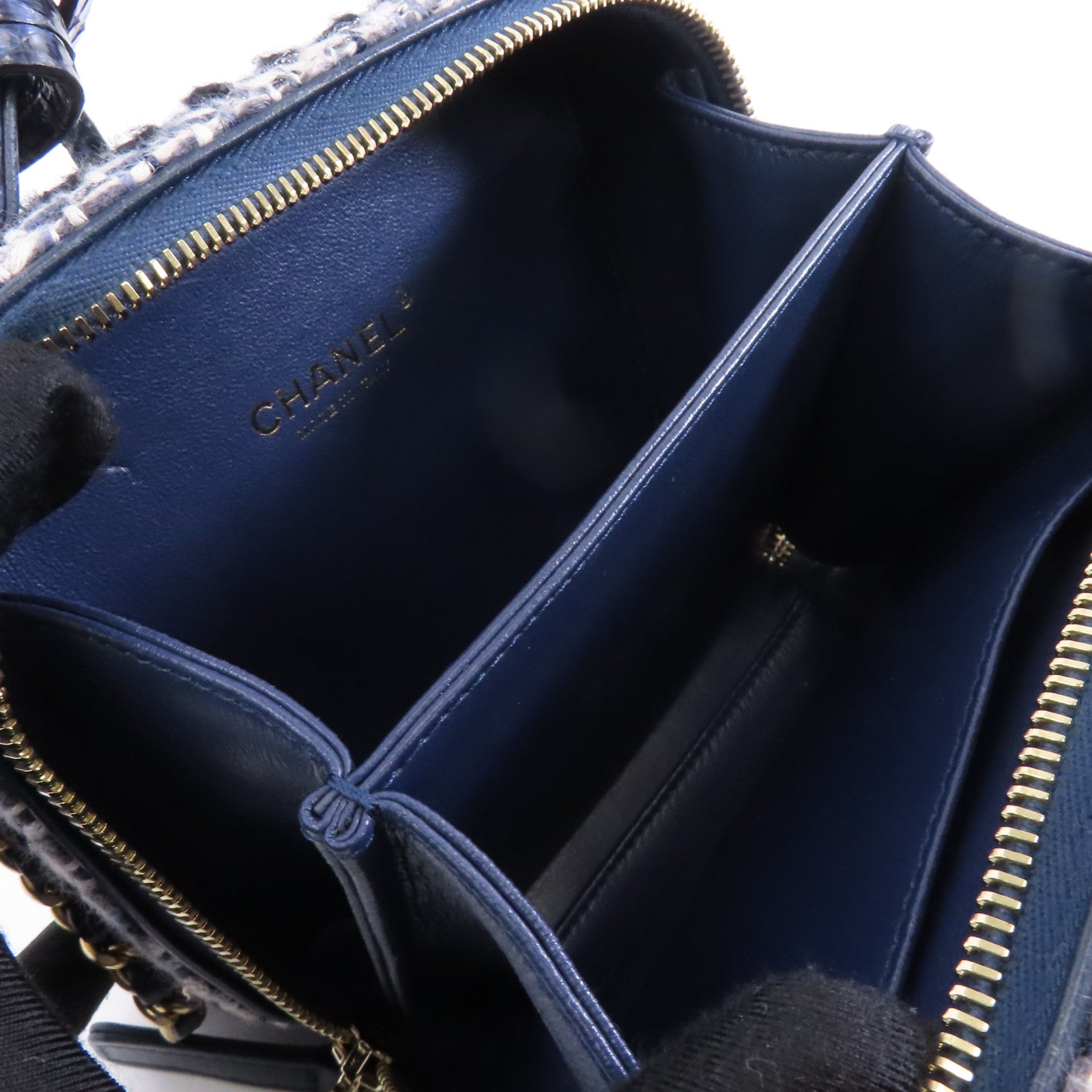 CHANEL 【激減優惠】花呢/蛇皮皮革Vanity Case金扣手挽肩背兩用袋深藍色