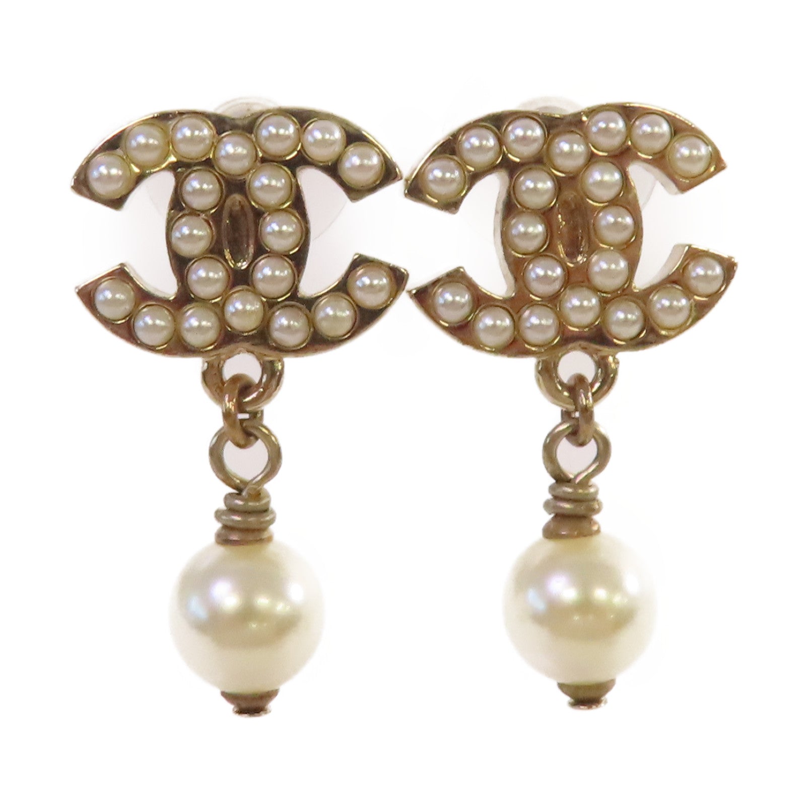 CHANEL 金屬/仿珍珠CC Earrings耳環珍珠色/金色