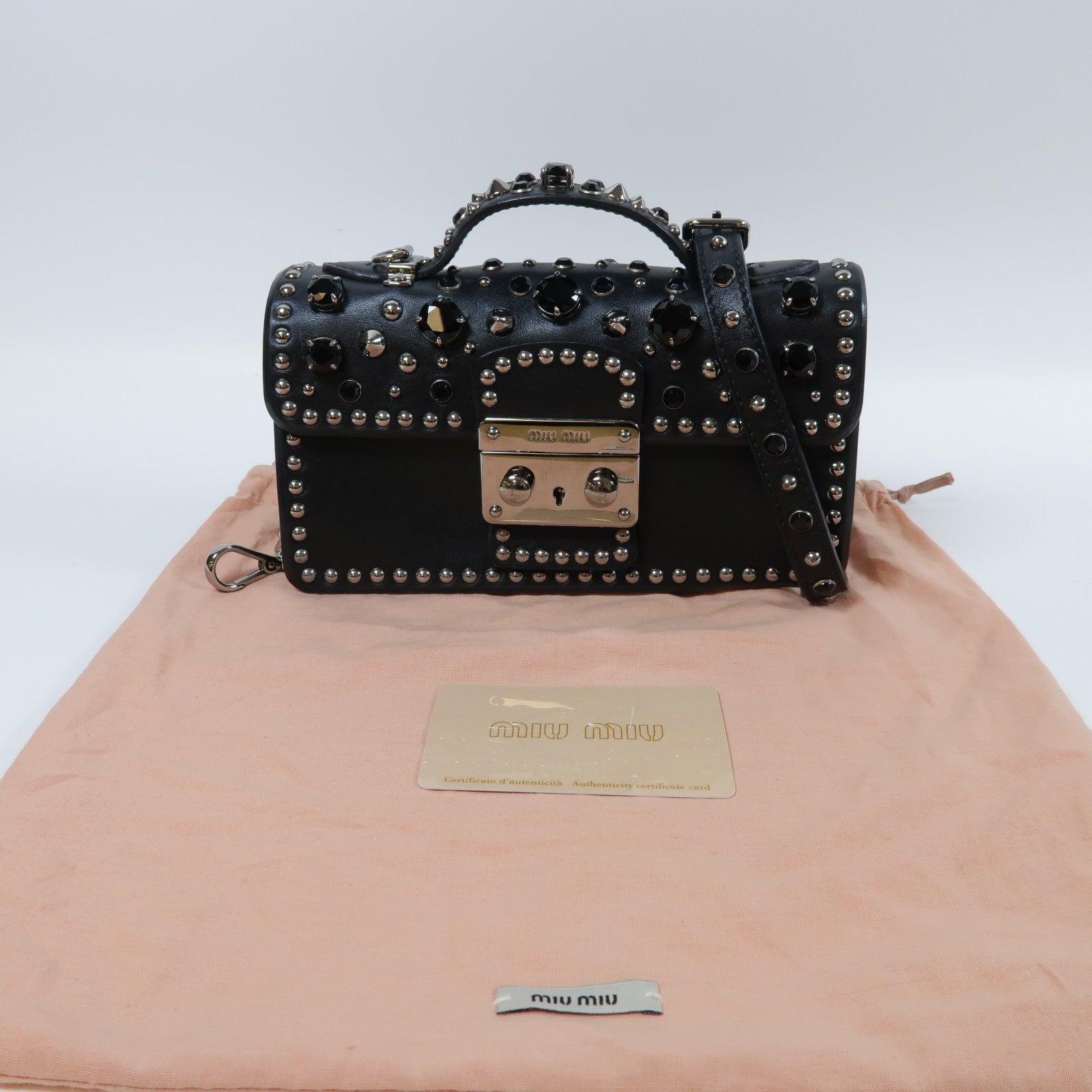 Miu Miu 牛皮皮革2 Way Shoulder銀扣手挽肩背兩用袋黑色
