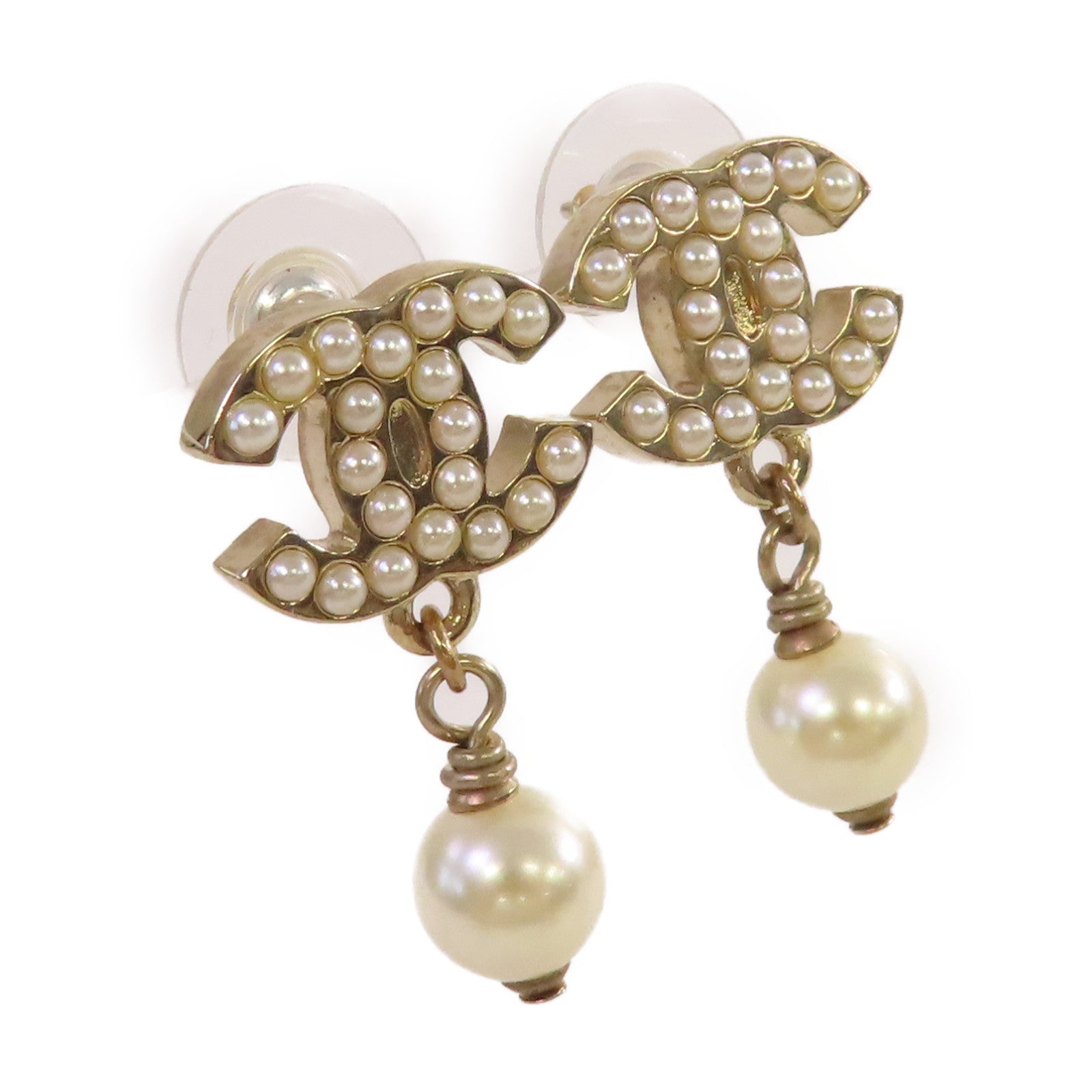 CHANEL 金屬/仿珍珠CC Earrings耳環珍珠色/金色