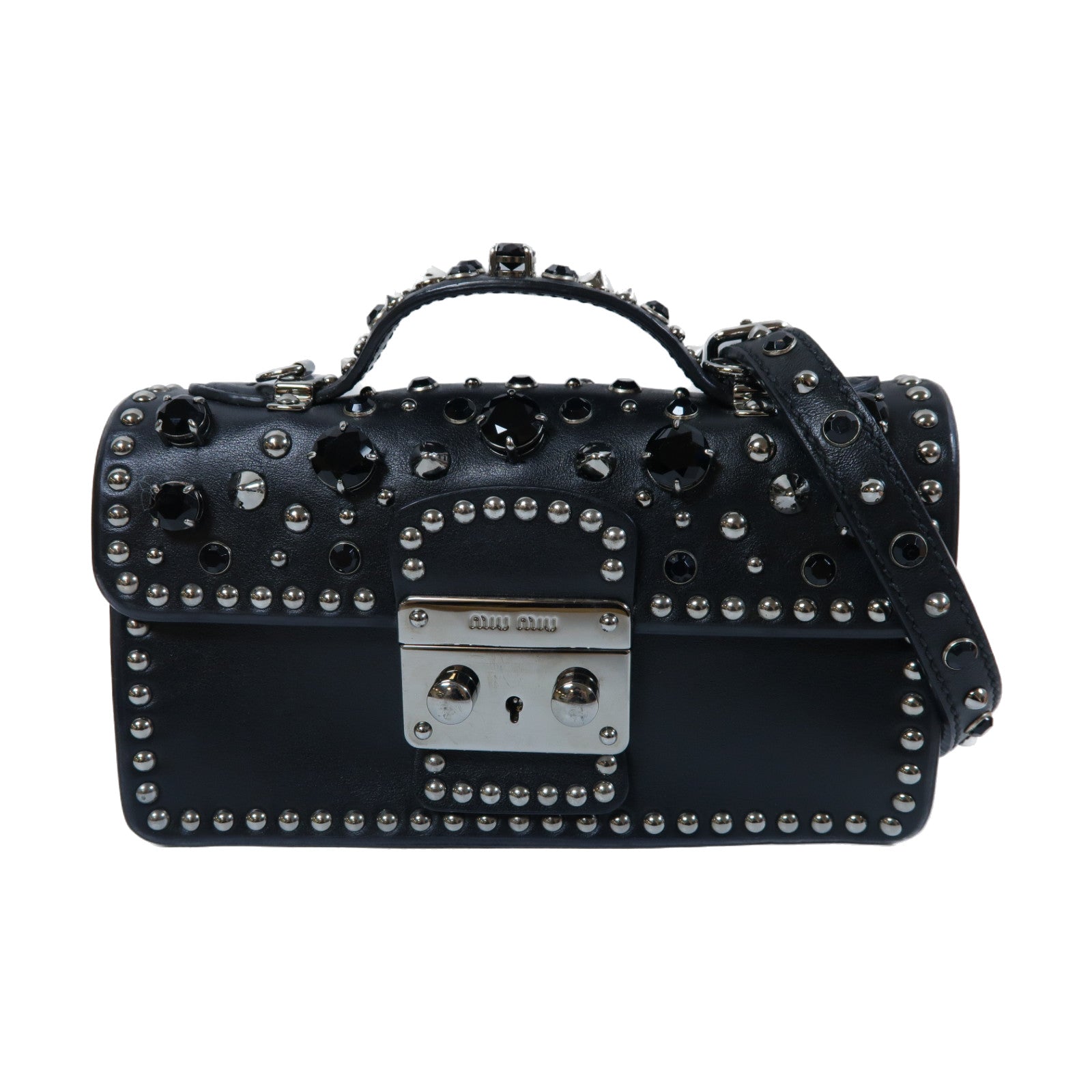 Miu Miu 牛皮皮革2 Way Shoulder銀扣手挽肩背兩用袋黑色