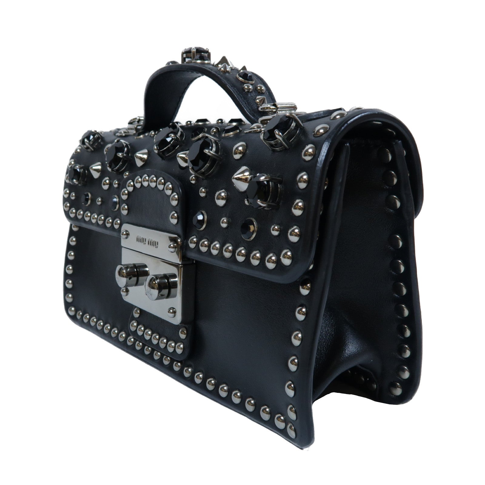 Miu Miu 牛皮皮革2 Way Shoulder銀扣手挽肩背兩用袋黑色