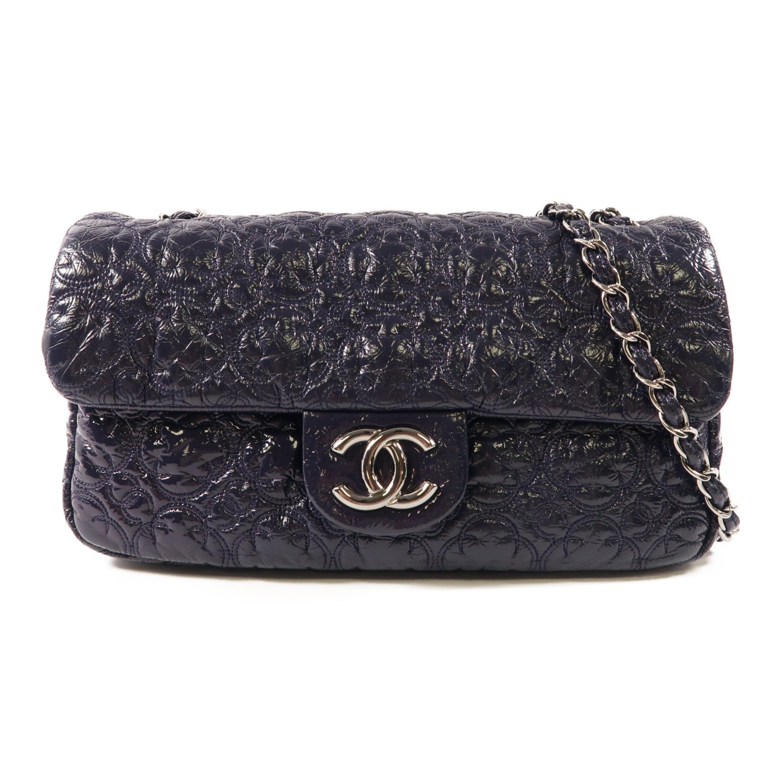 CHANEL 漆皮皮革Chain Shoulder Bag銀扣鏈帶肩背袋深紫色
