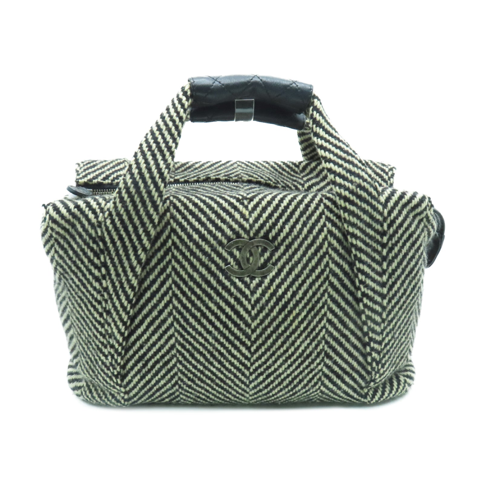 CHANEL 【清倉大減價】菱格牛皮皮革Tweed Hand Bag銀扣手挽袋黑色/白色