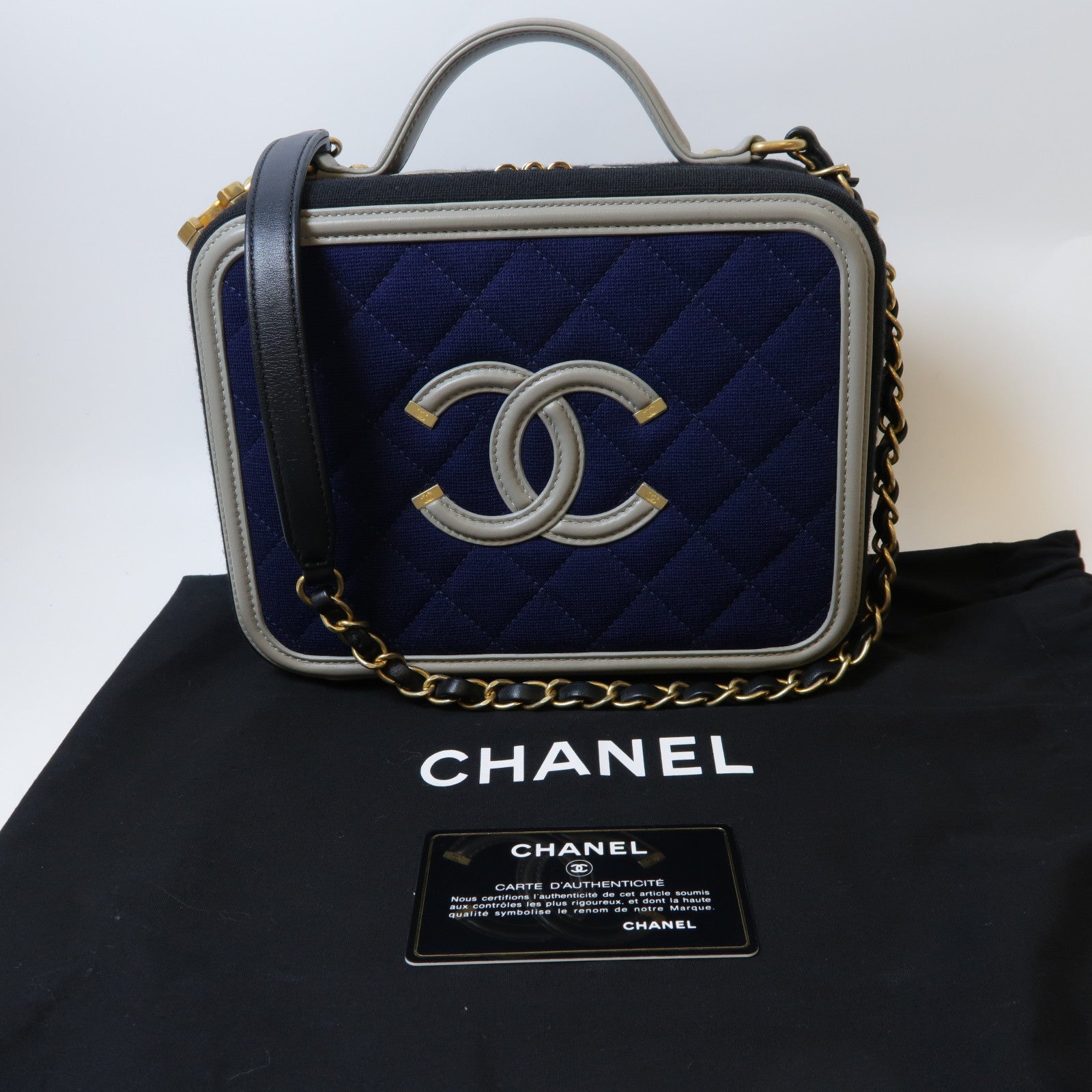 CHANEL 【激減優惠】帆布Chain Shoulder金扣手挽肩背兩用袋黑色/深藍色